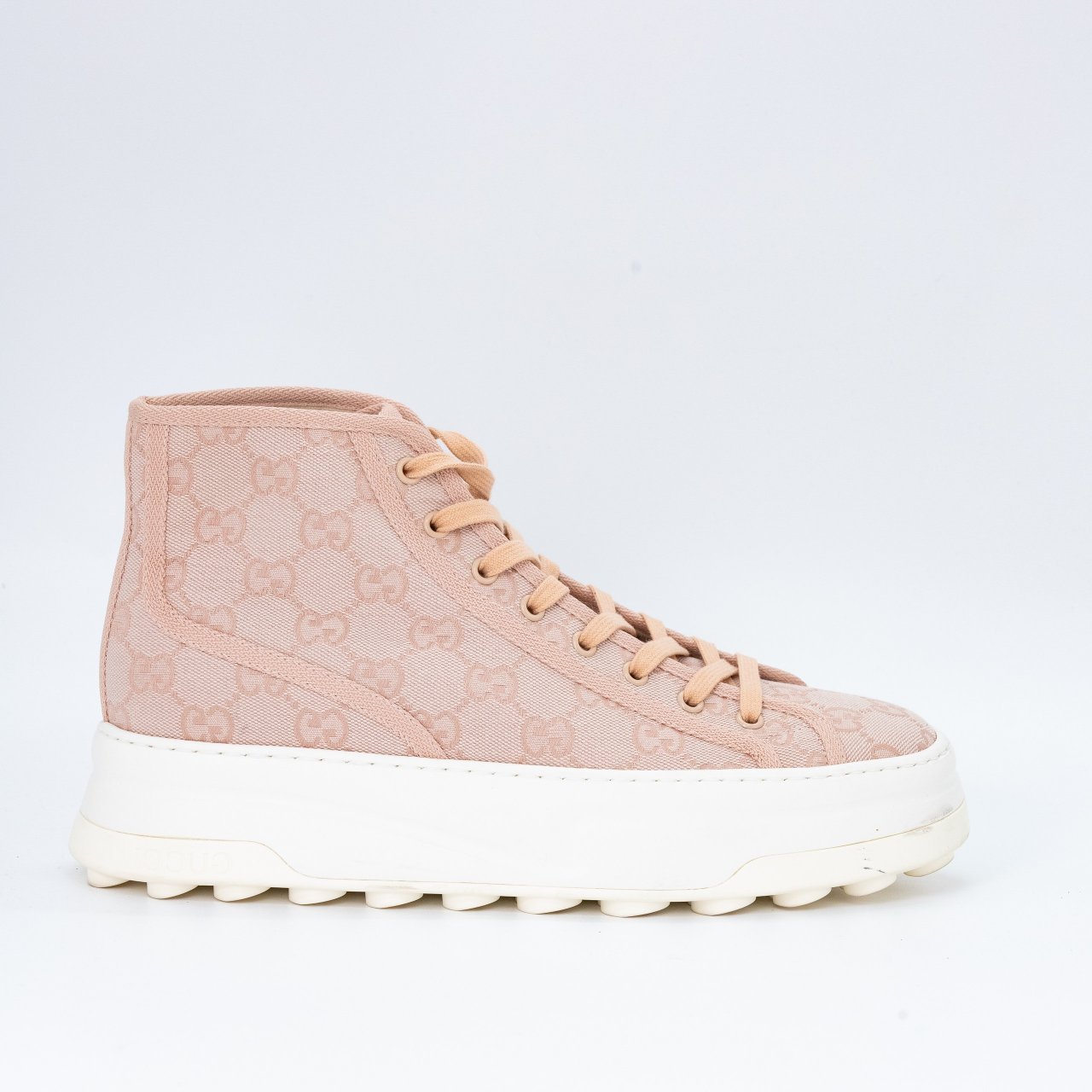 Хайтопы Gucci 41 пудровый розовый текстиль с монограм, белая подошва. Коробка