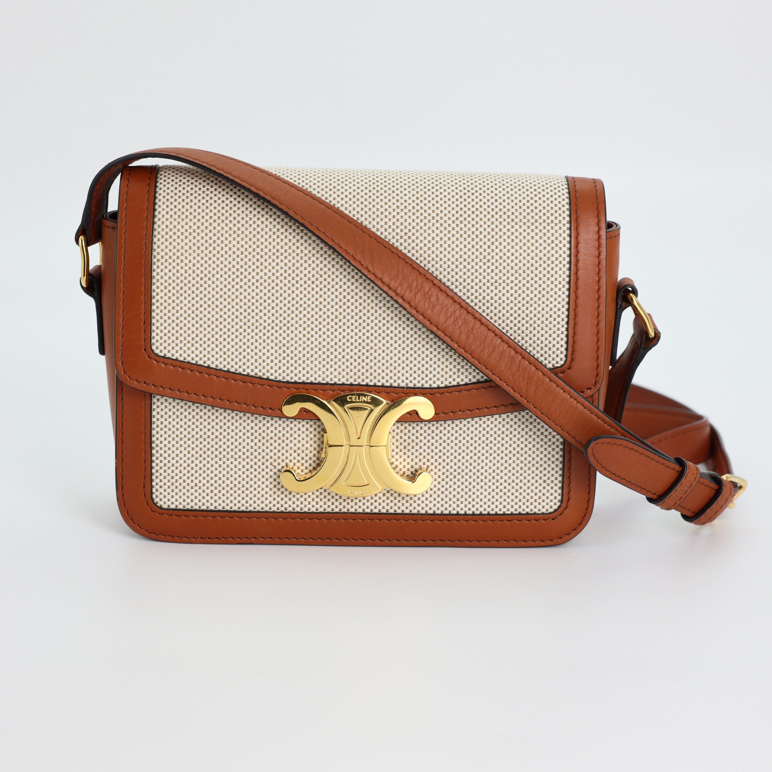 Сумка Celine карамельная кожа, экрю текстиль. Пыльник
