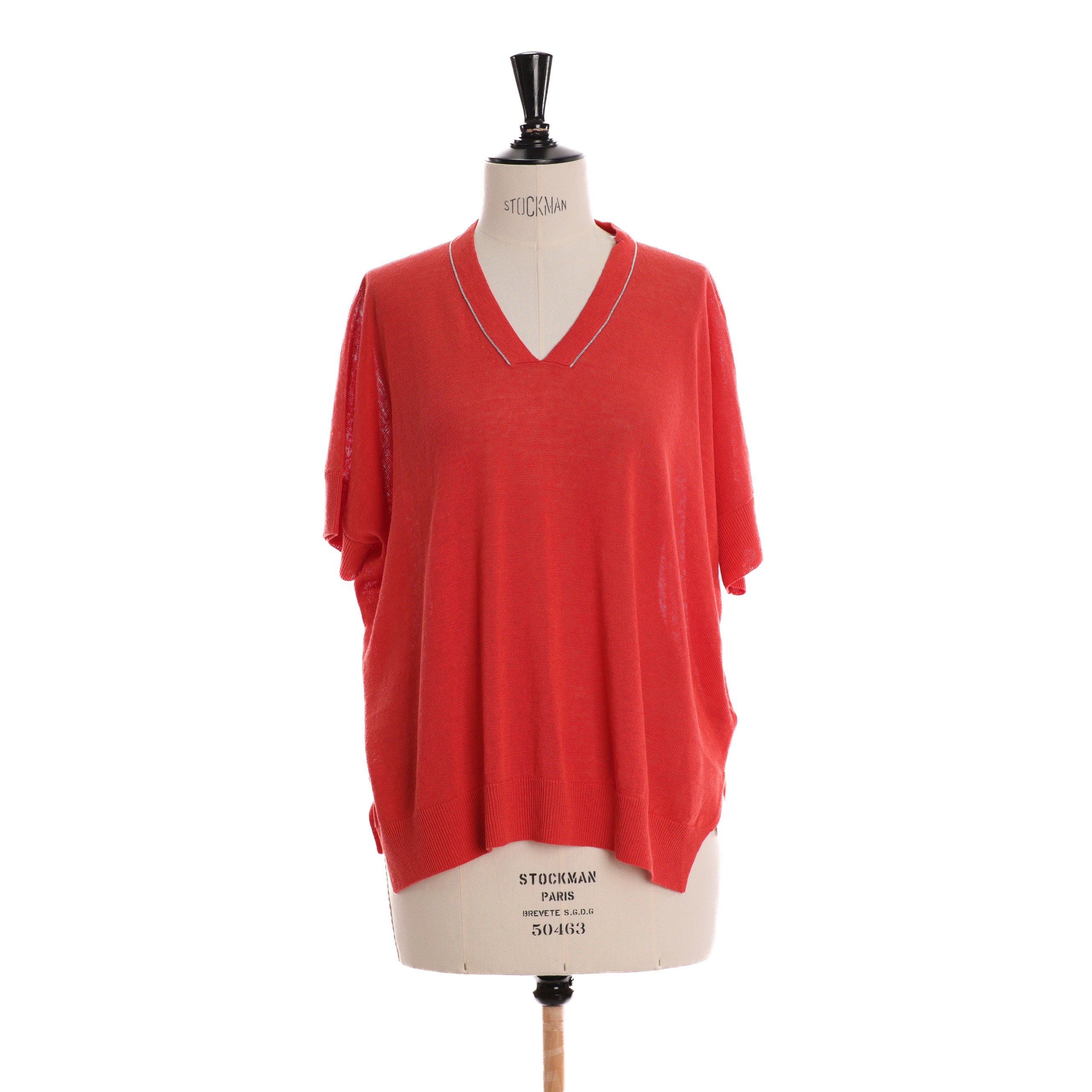 Топ PESERICO 40 Коралловый лен/котон V-образный вырез с серебристой полоской,короткий рукав