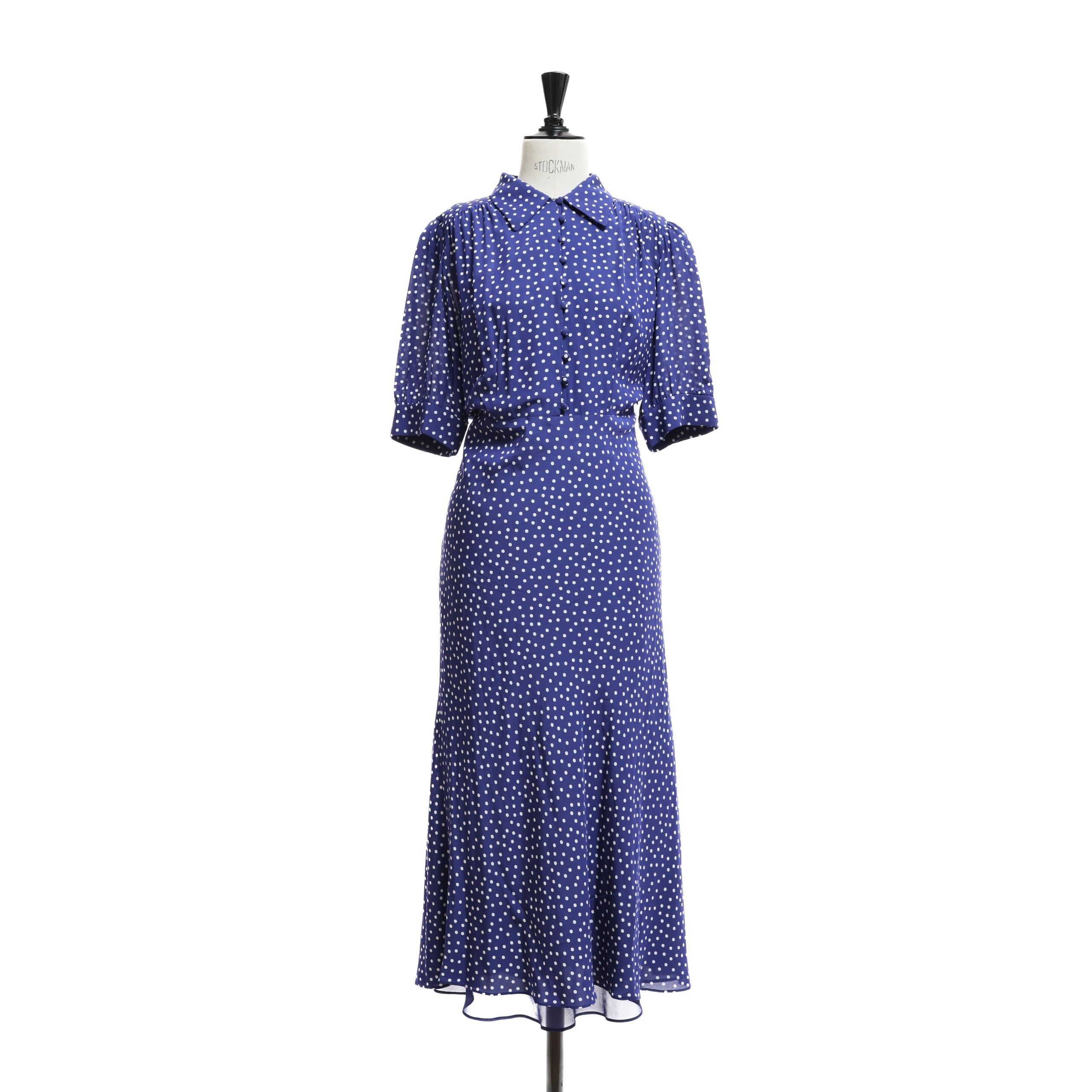 Платье LUISA SPAGNOLI 48 синий шелк/вискоза в белый горошек,декольте на пуговицах