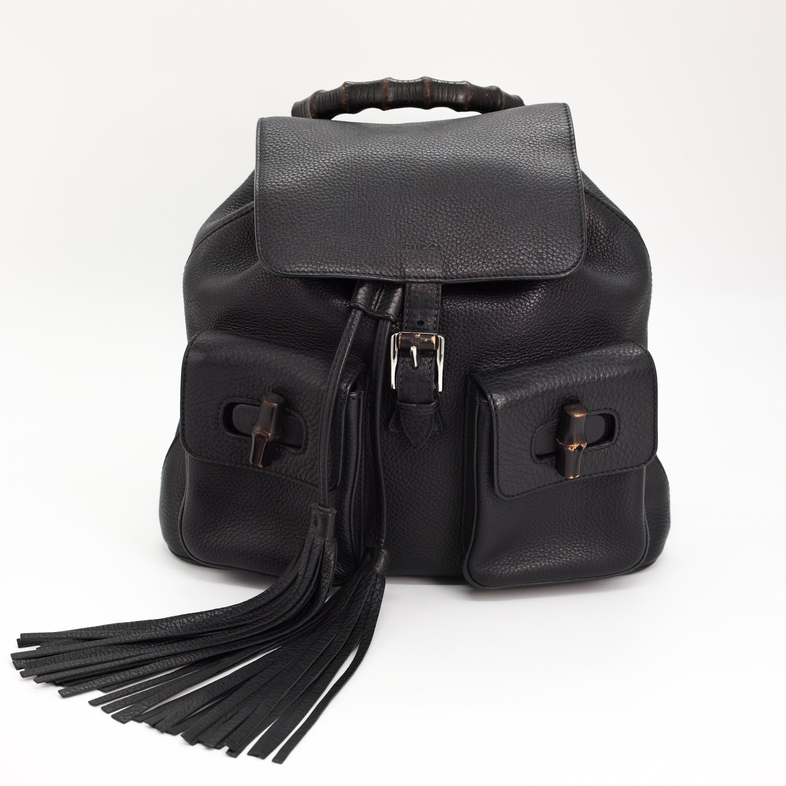 Рюкзак Gucci черная зернистая кожа, бамбуковые элементы, кисточки