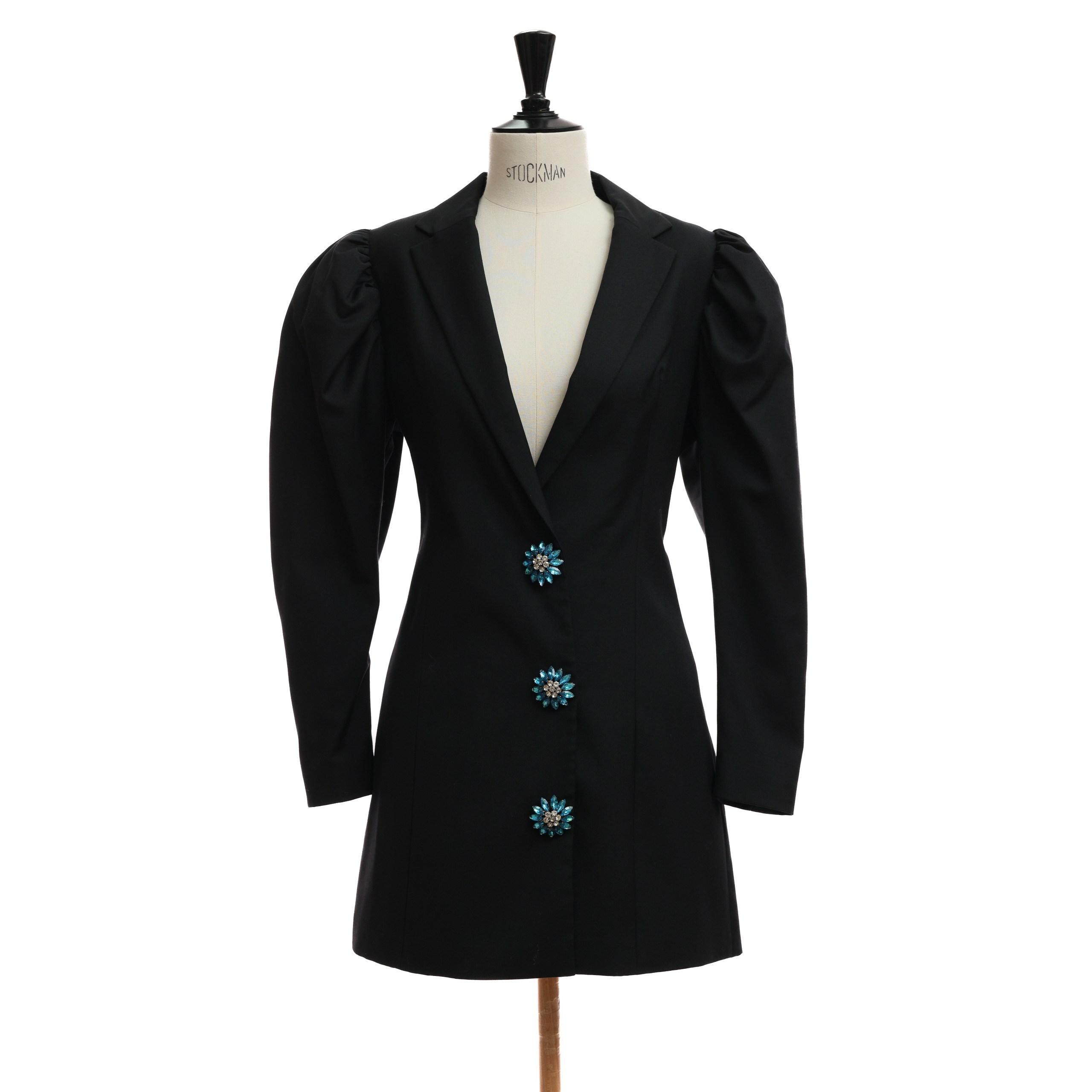 Платье ROTATE 44 Черный шерсть голубо-серые камни на кнопках,сборка по плечам,открытое декольте