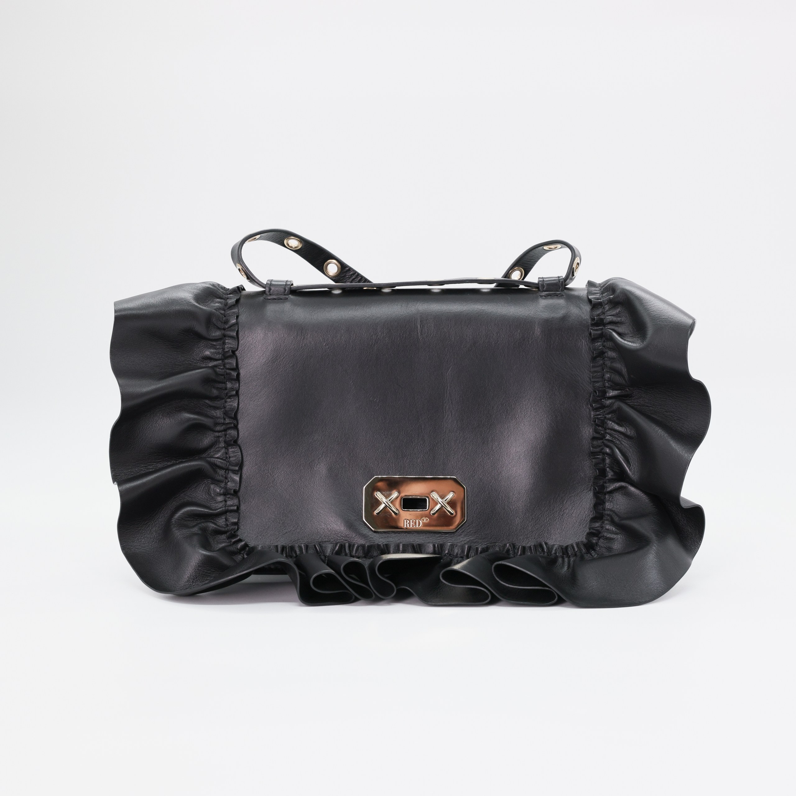 Сумка M RED VALENTINO MIDDLE Черный кожа модель Audrey Ruffle-Trim, кружевные края,золотая фурнитура,ремешек