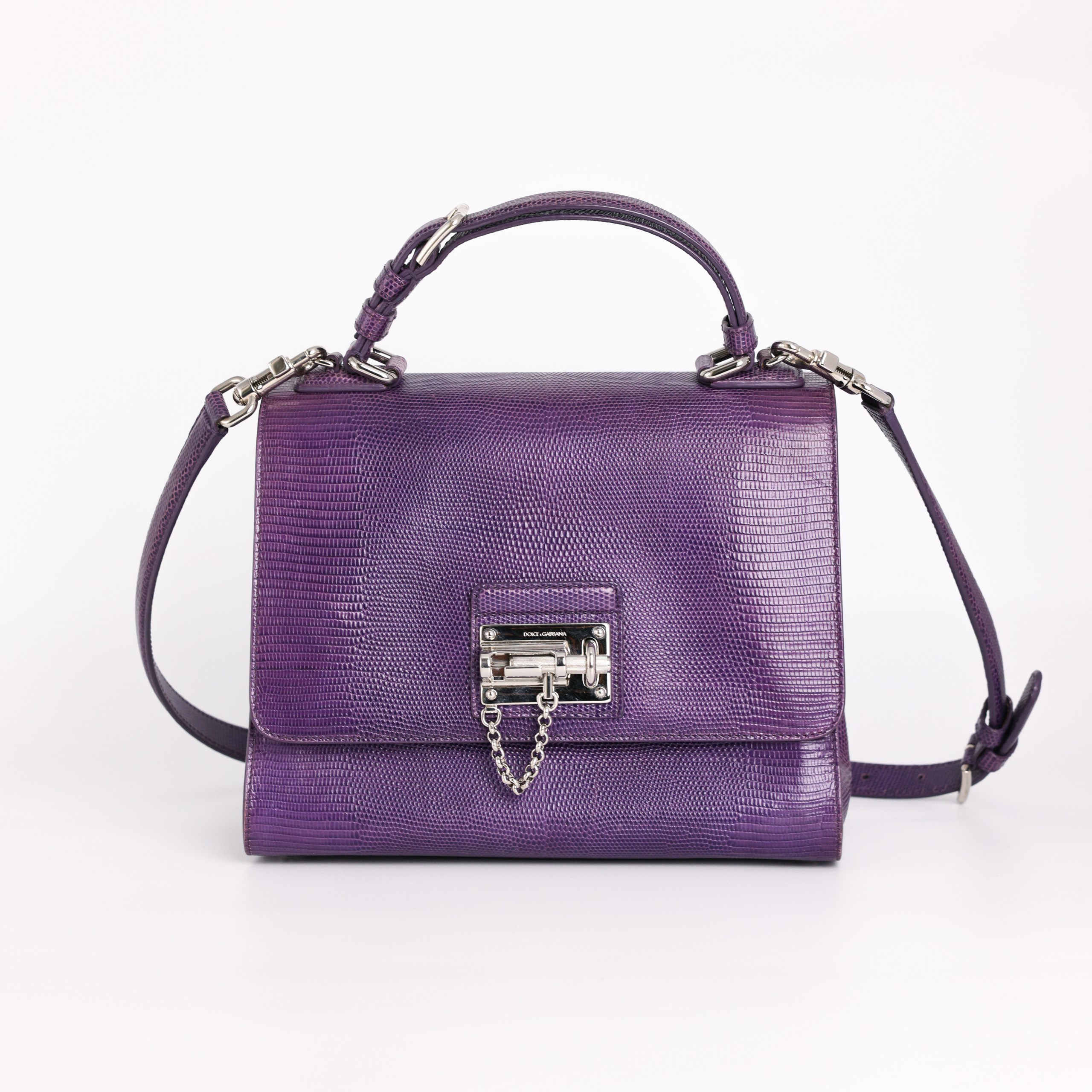 Сумка DG сиреневая кожа ящерицы, белая фурнитура, пыльник