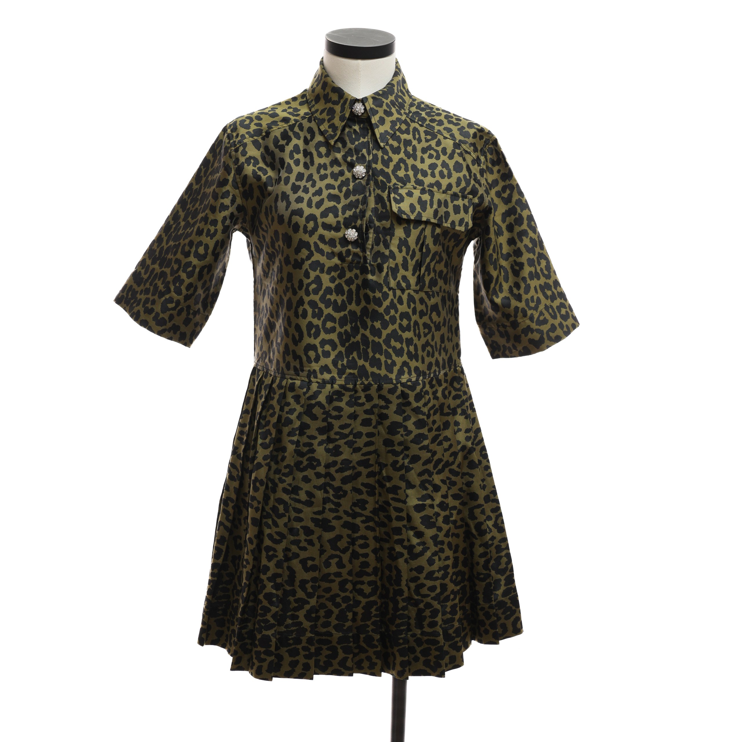 Платье GANNI S Хаки HEATHER KHAKI текстиль черный кгулобразный принт,пуговицы на декольте с камнями