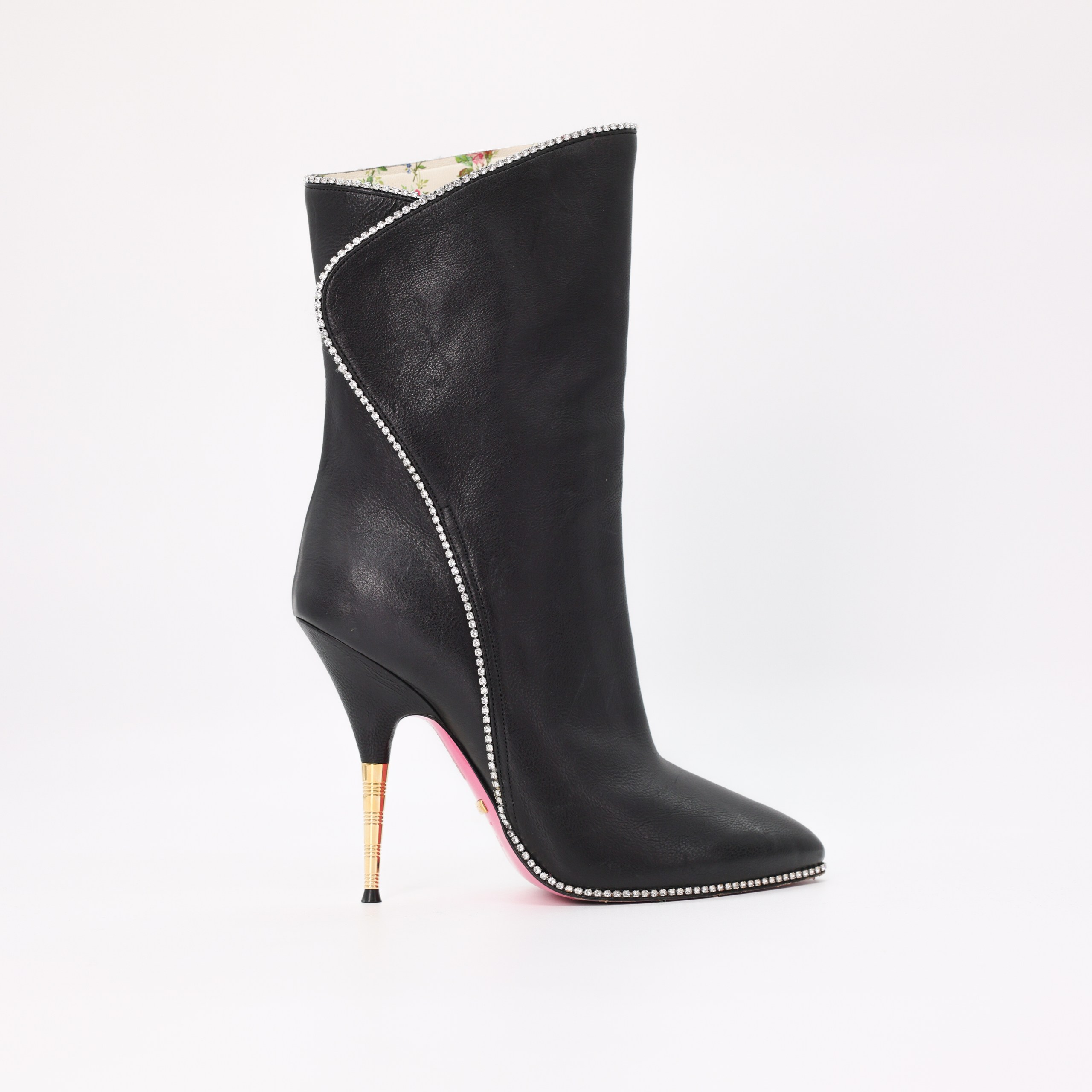 Ботинки GUCCI 37,5 Черный кожа стразы,золотой каблук,цветы подкладка