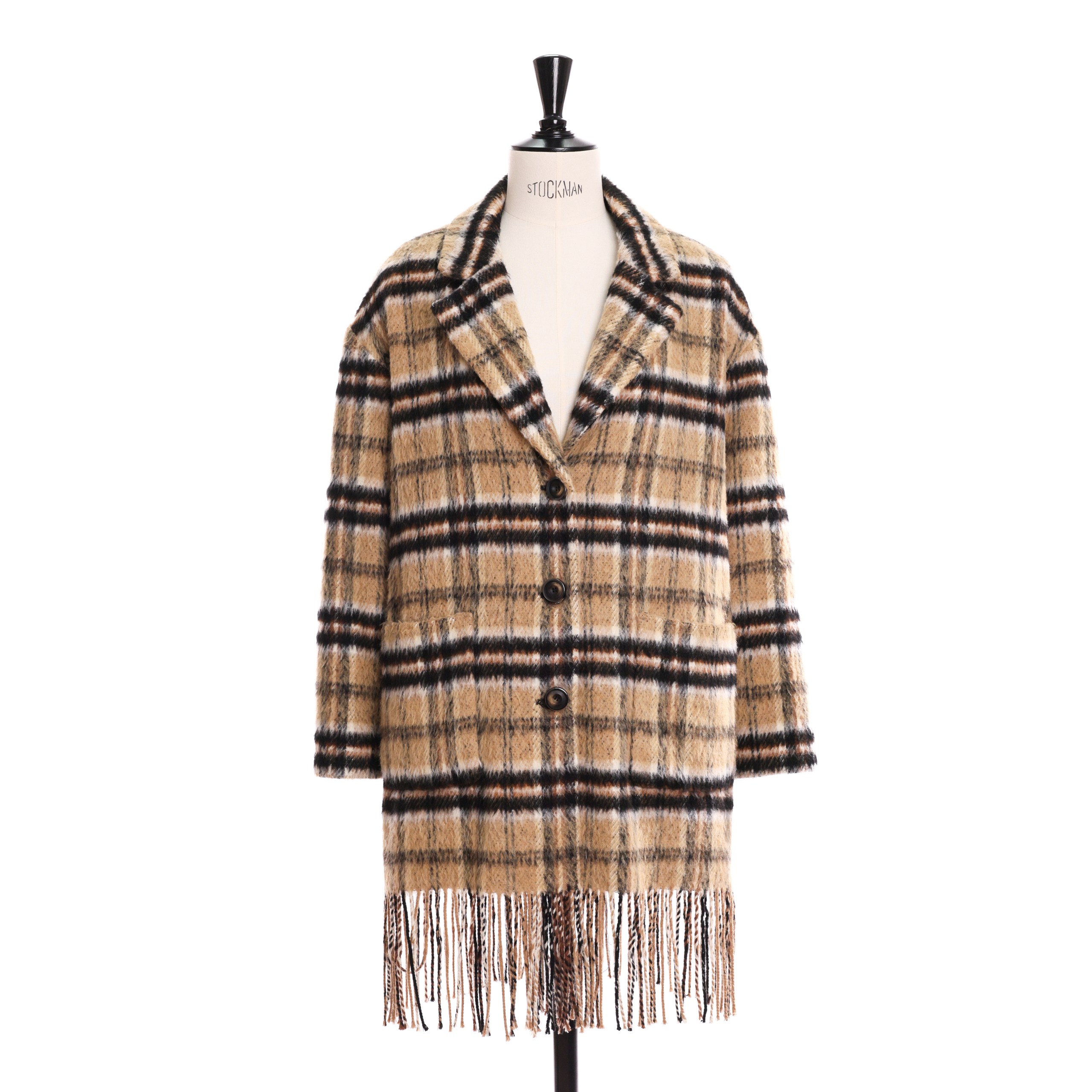 Кардиган Pinko 40 клетка бежевый/черный/белый, бахрома по низу