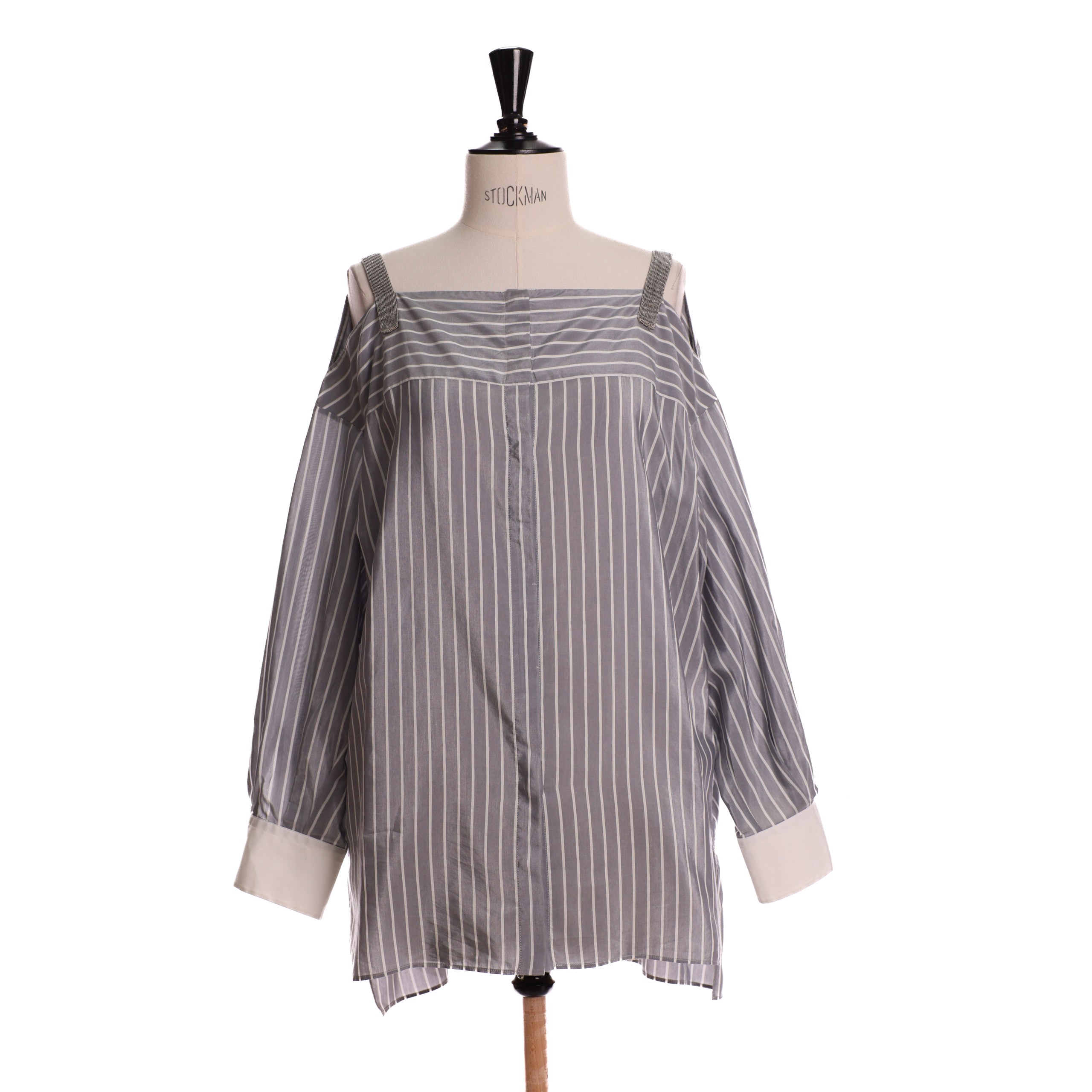 Рубашка BRUNELLO CUCINELLI XXL Серый котон/шелк в белую полоску,лямки блестящие