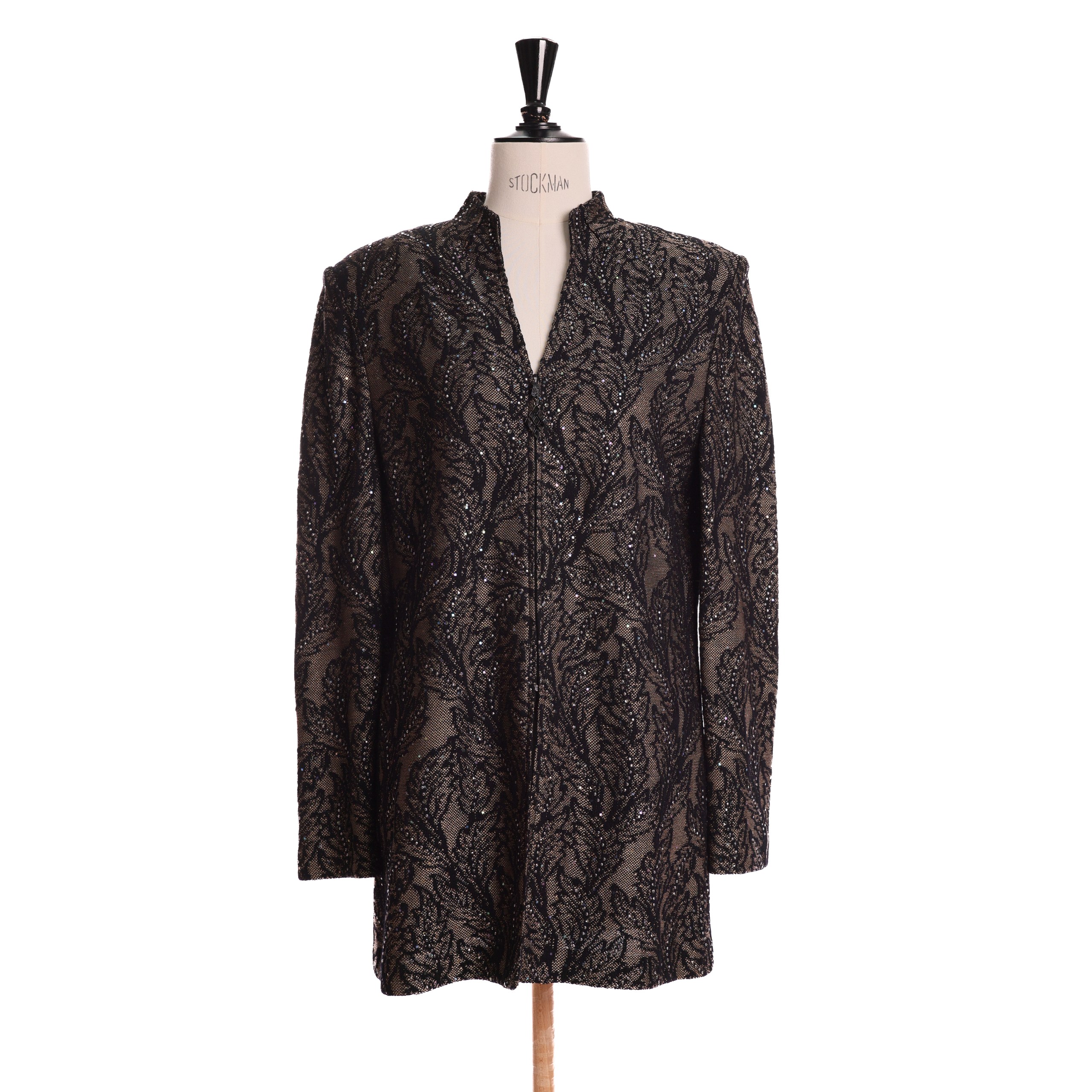 Жакет ST. JOHN 14 черно-бежевый шерсть гипюр,стразы,зиппер,удлиненное