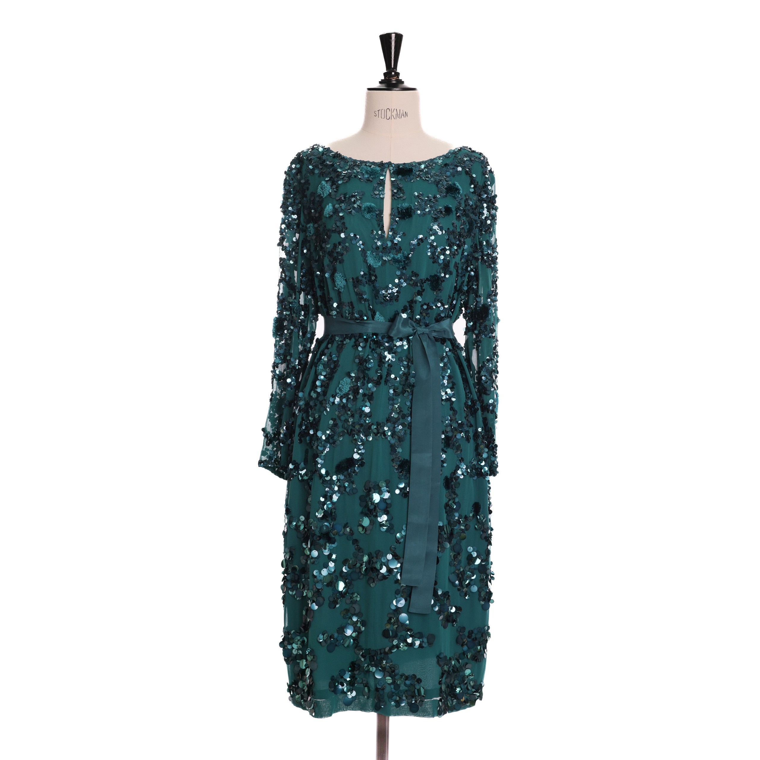 Платье ESCADA 46 Бирюзовый шелк капелька по декольте,пайетки,пояс