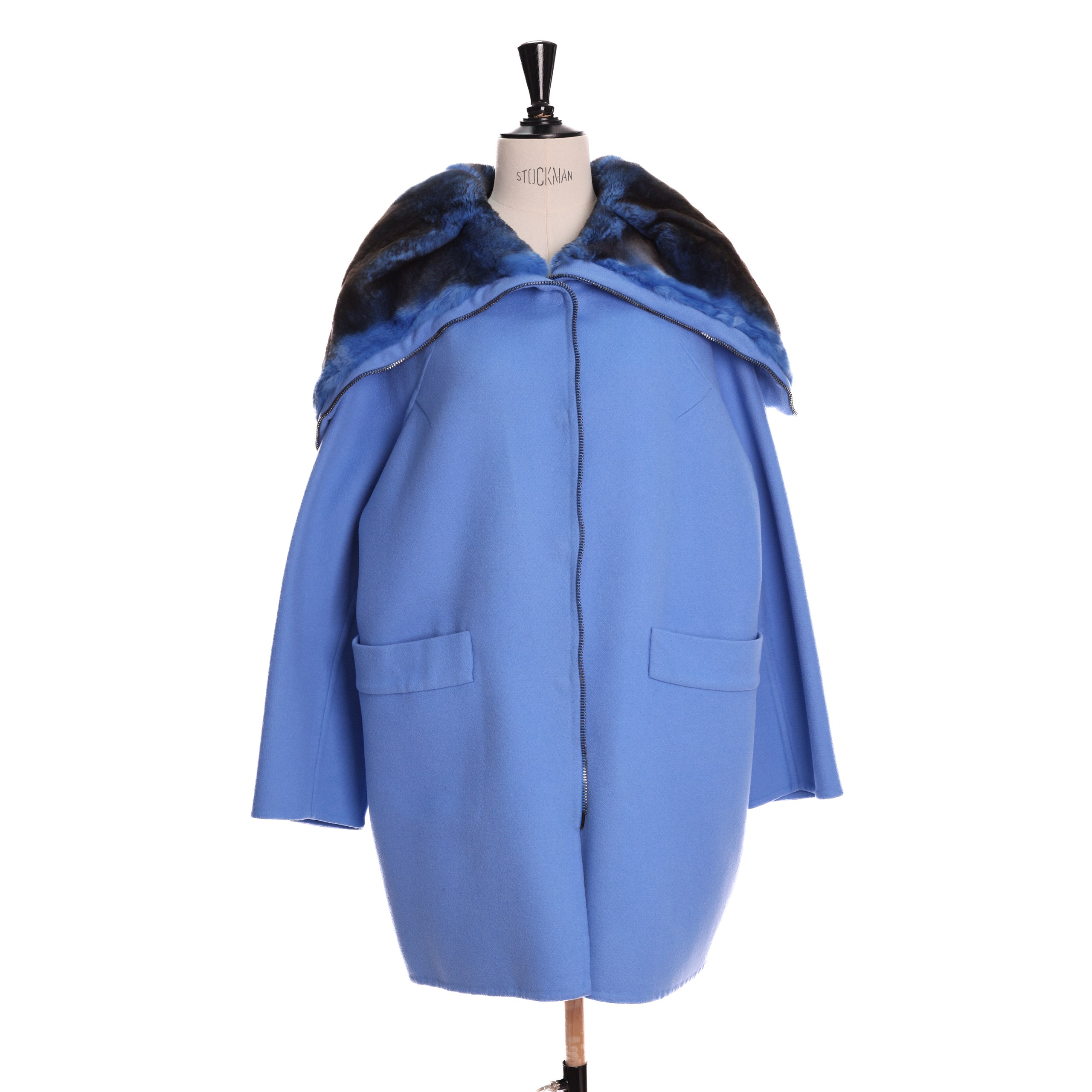 Пальто ERMANNO SCERVINO 44 Голубой шерсть мех по манжету,зиппер/кнопки