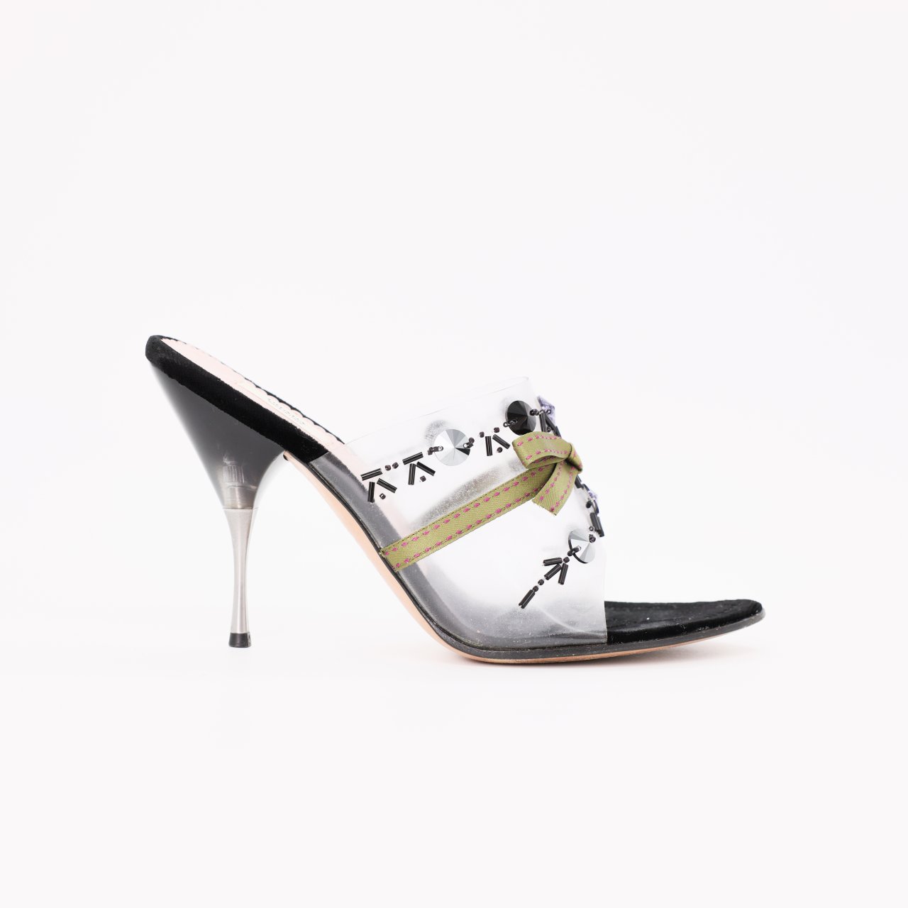 Босоножки PRADA 36,5 Черный бархат силикон с оливковым бантиком и камнями