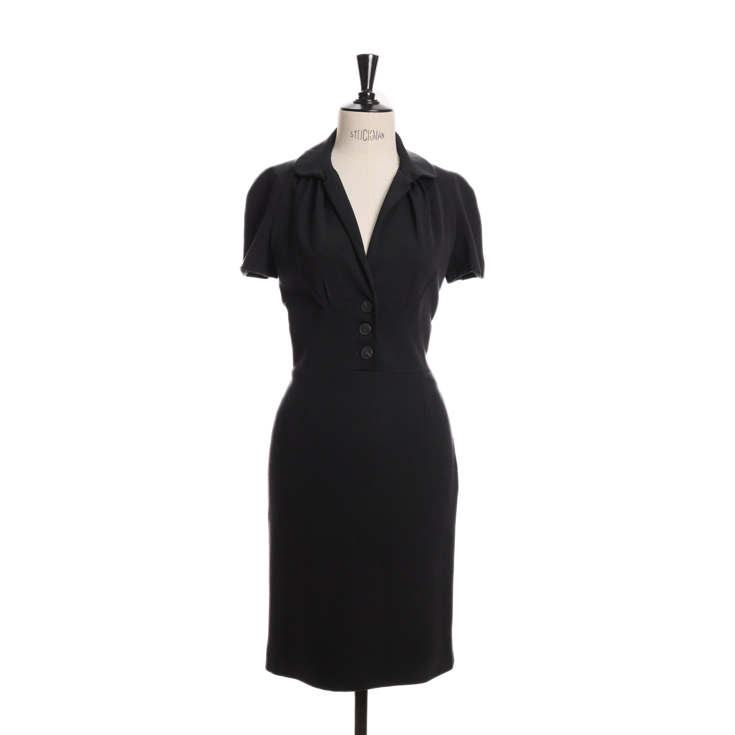 Платье CHRISTIAN DIOR 42 Черный шерсть короткий рукав,открытое декольте,пуговицы по талии