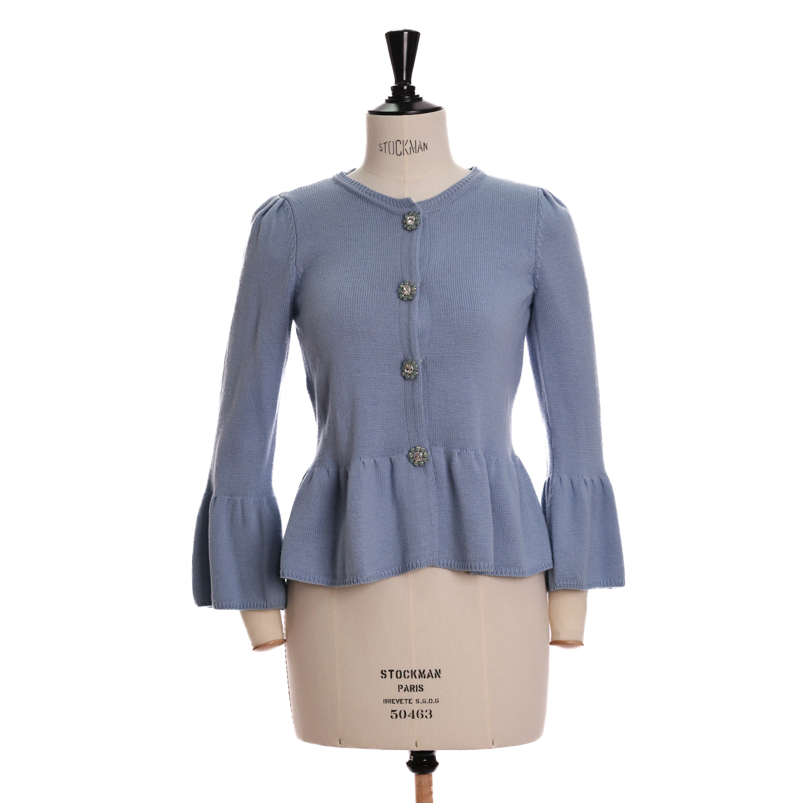 Топ LUISA SPAGNOLI S ГОЛУБОЙ шерсть пуговицы в форме цветка с камнями,легкий волан по краям