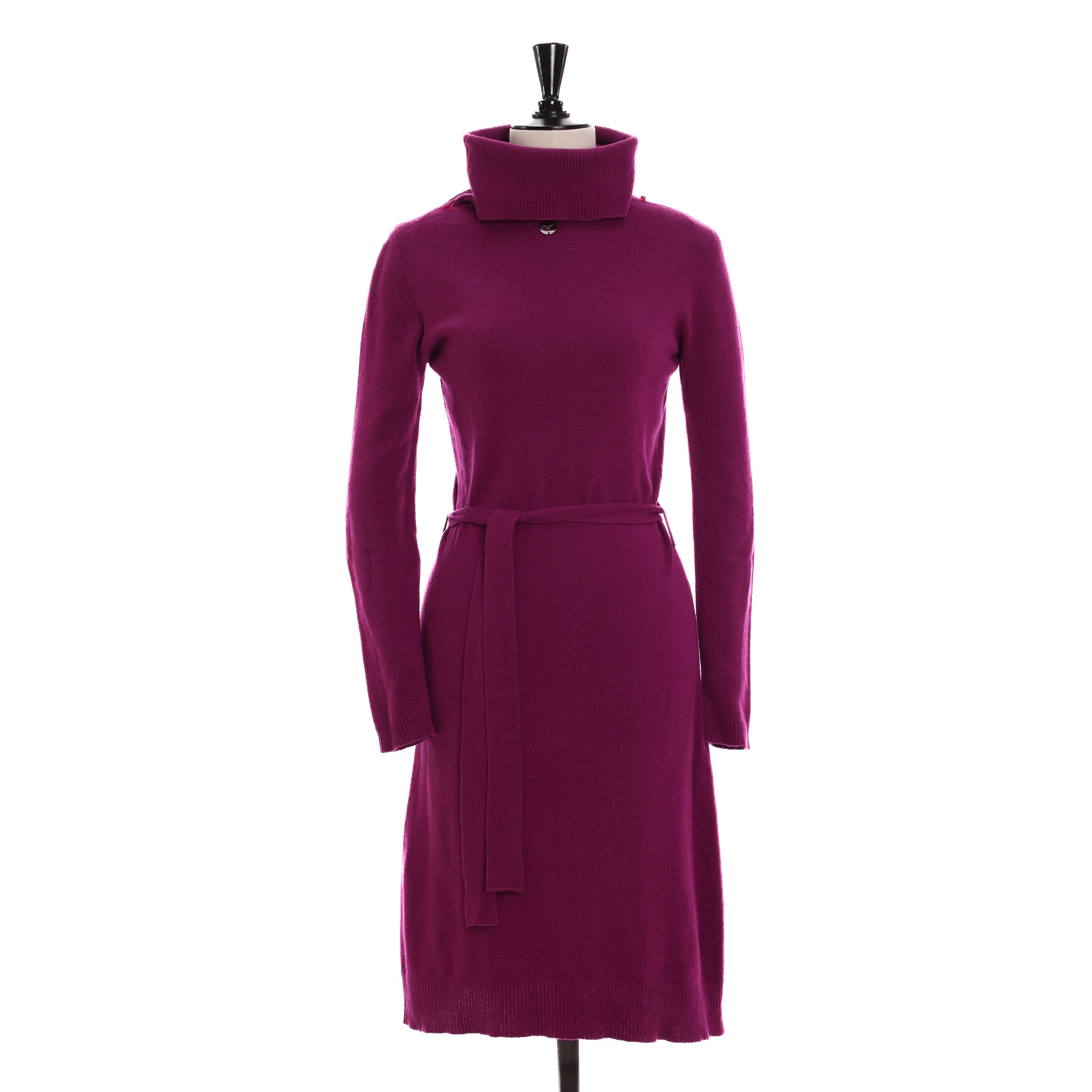 Платье BLUMARINE 40 фиолетовый шерсть/вискоза вязка,высокое горло,пояс