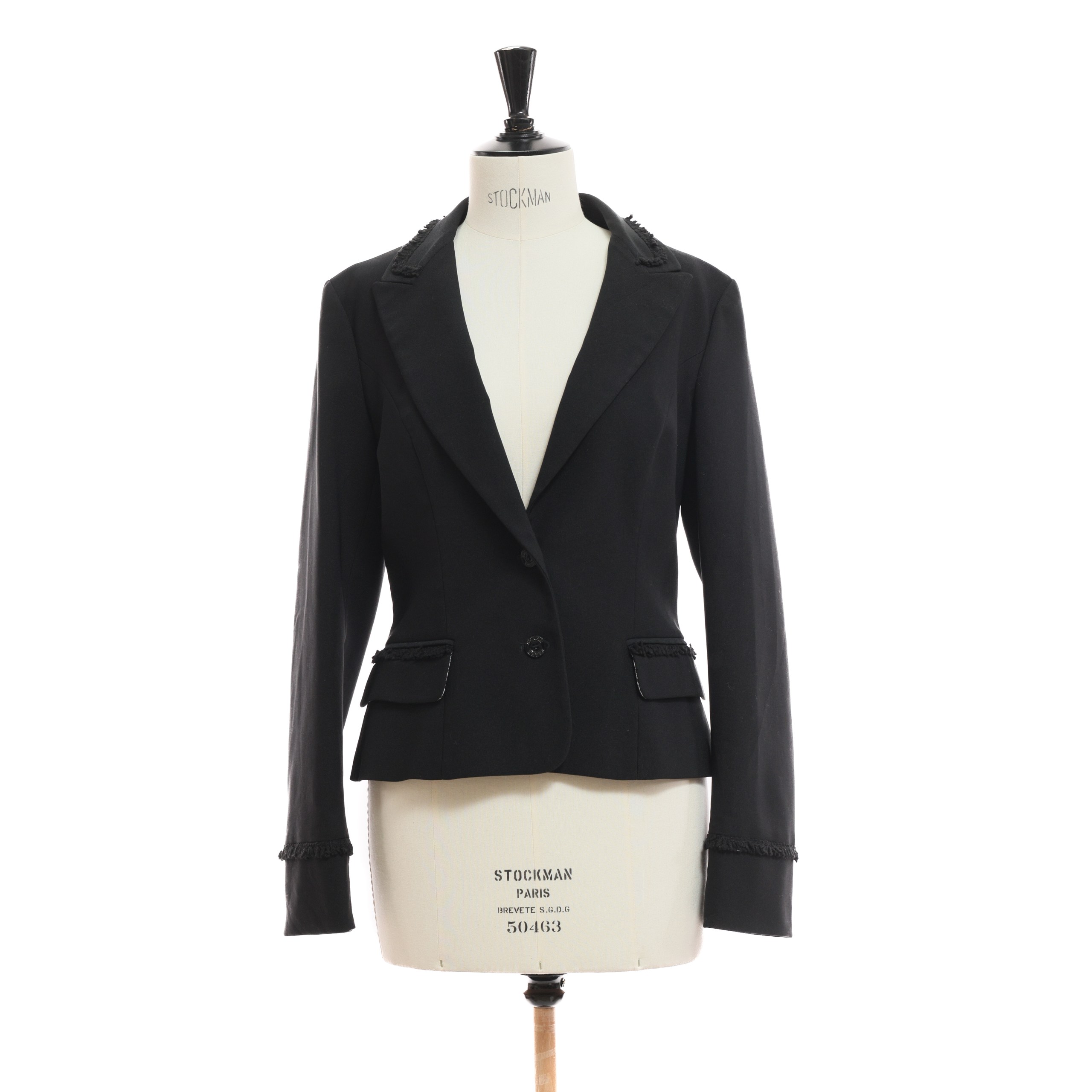 Пиджак FERRE 44 Черный текстиль манжеты по карманам с малкой бахромой/по вороту,две пуговицы