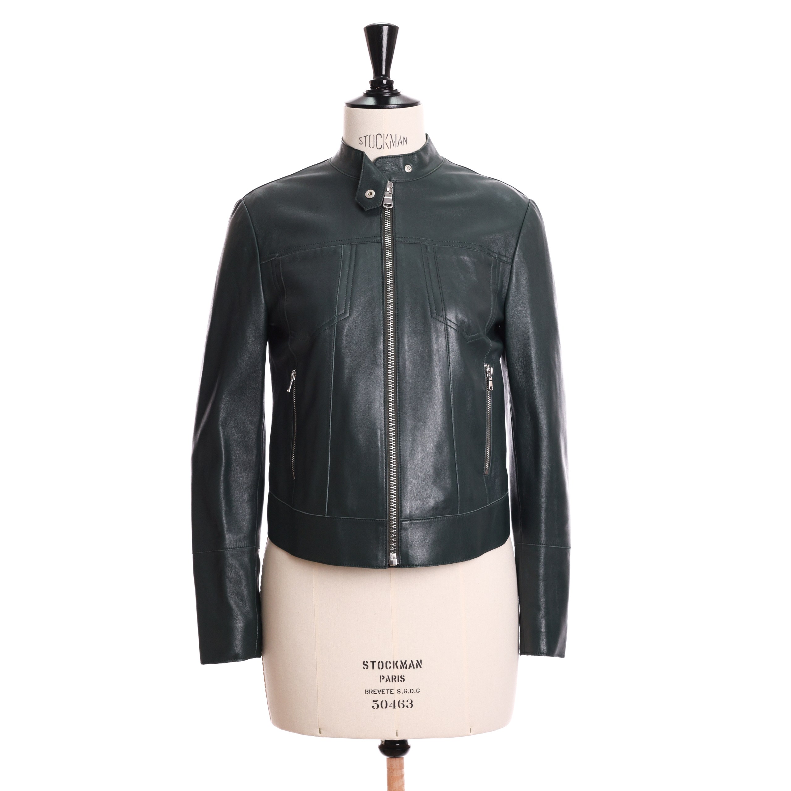 Куртка кожаная SPORTMAX XS/S изумрудный кожа стальная фурнитура, ворот стойка