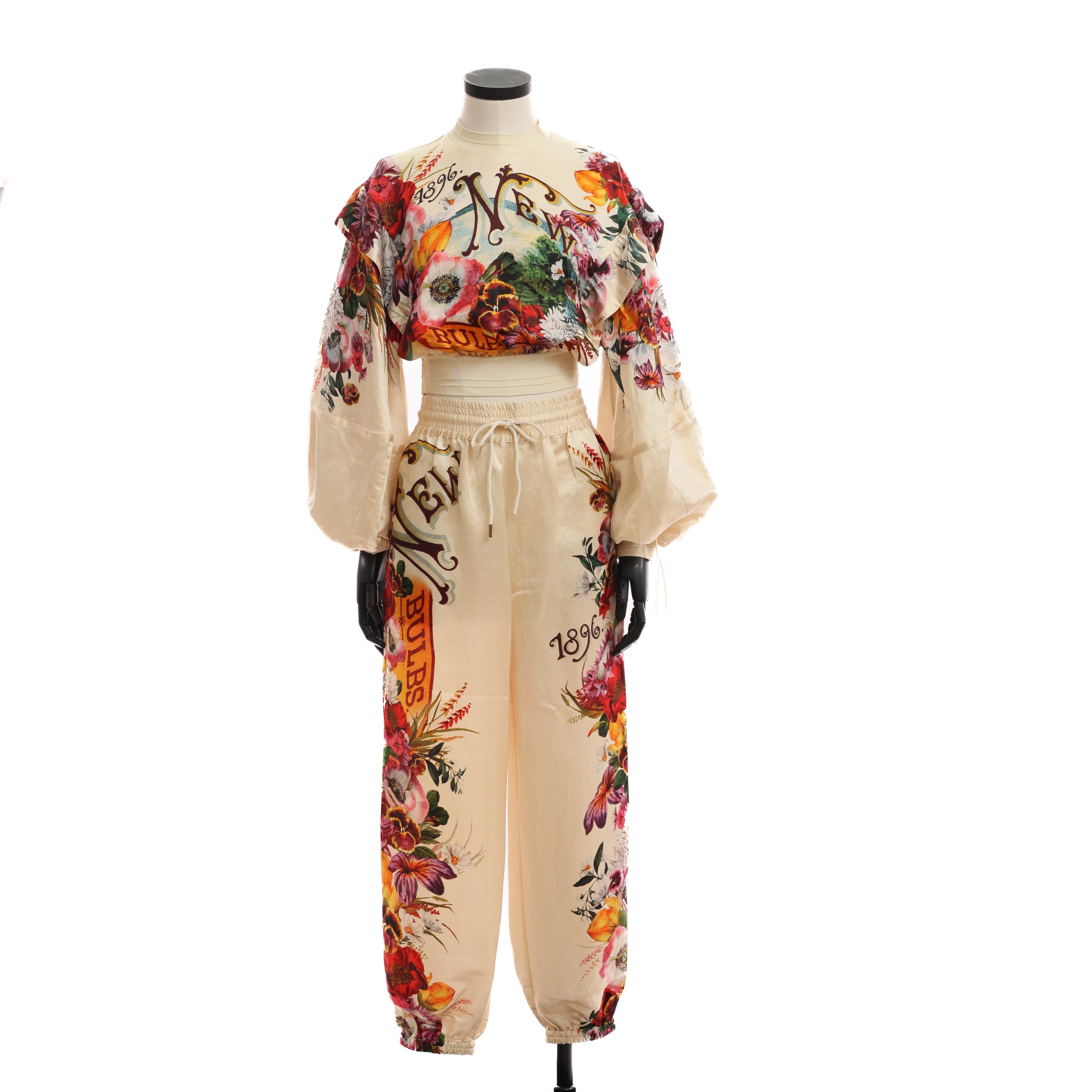 Сет ZIMMERMANN 3 MULTICOLOR шерсть/шелк кремовый,принт разноцвентные цветы,золотой зипер на спинке,штаны джогеры