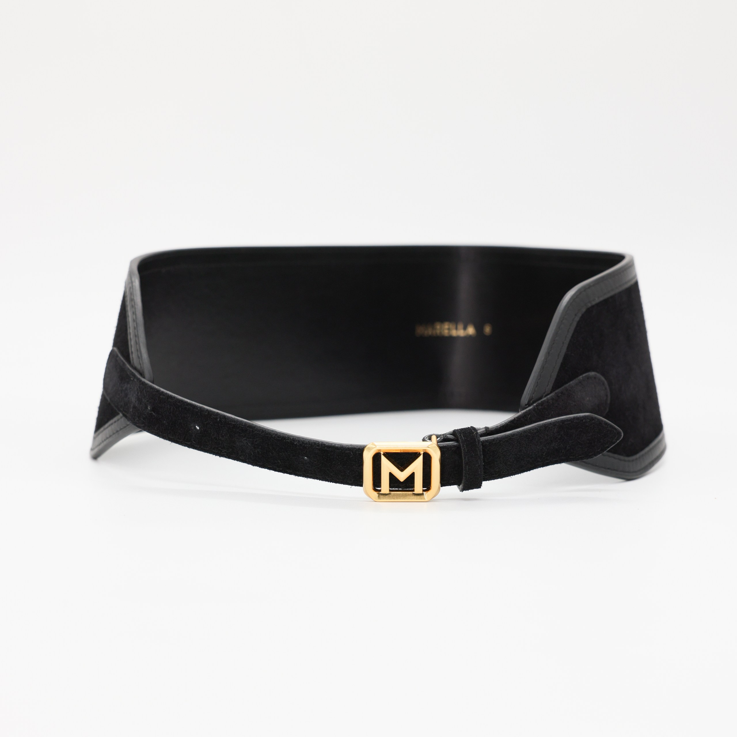Ремень Marella черная замша, кожанный кант, золотая пряжка