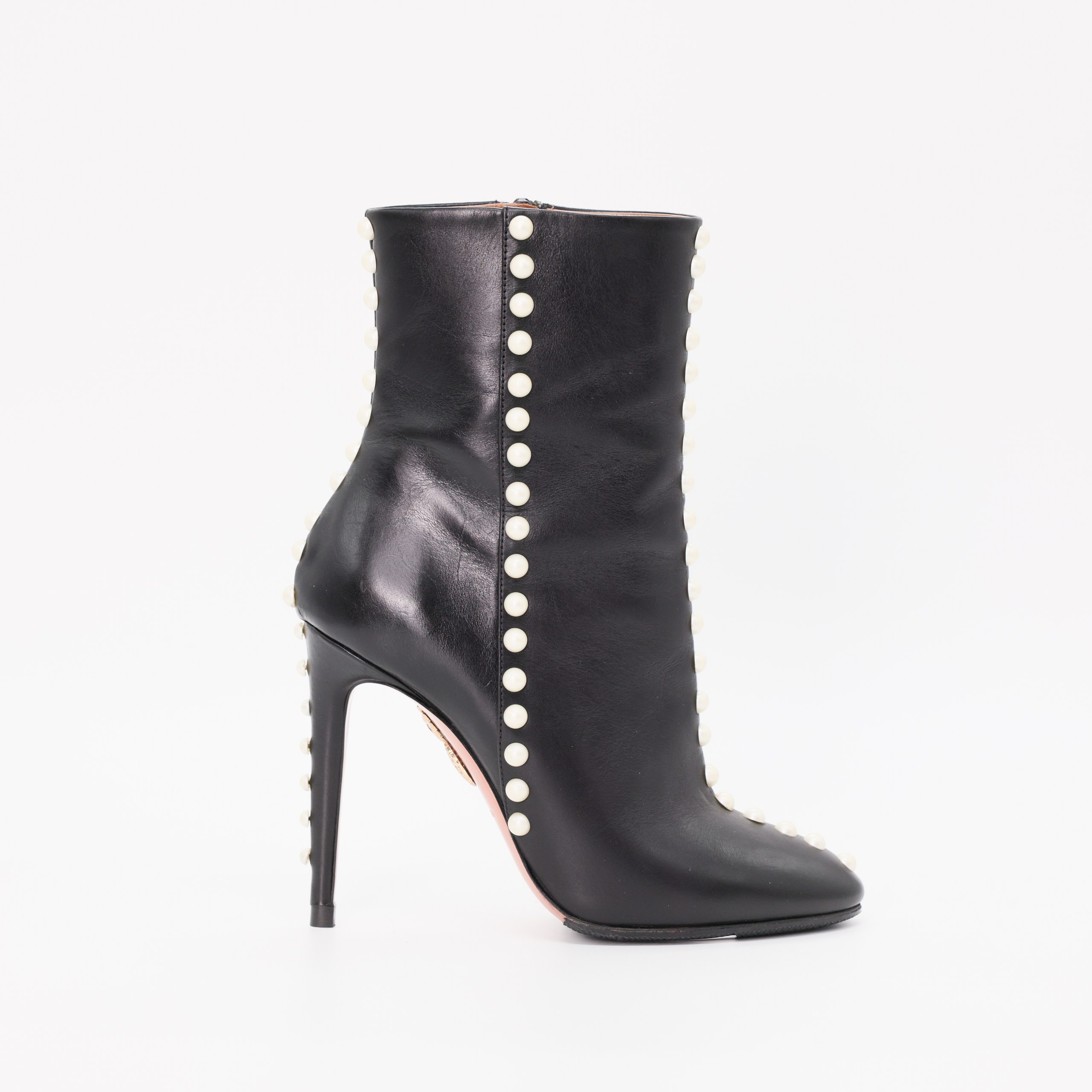 Ботинки AQUAZZURA 35 Черный кожа жемчужные полусферы полосами спереди и сзади. Коробка
