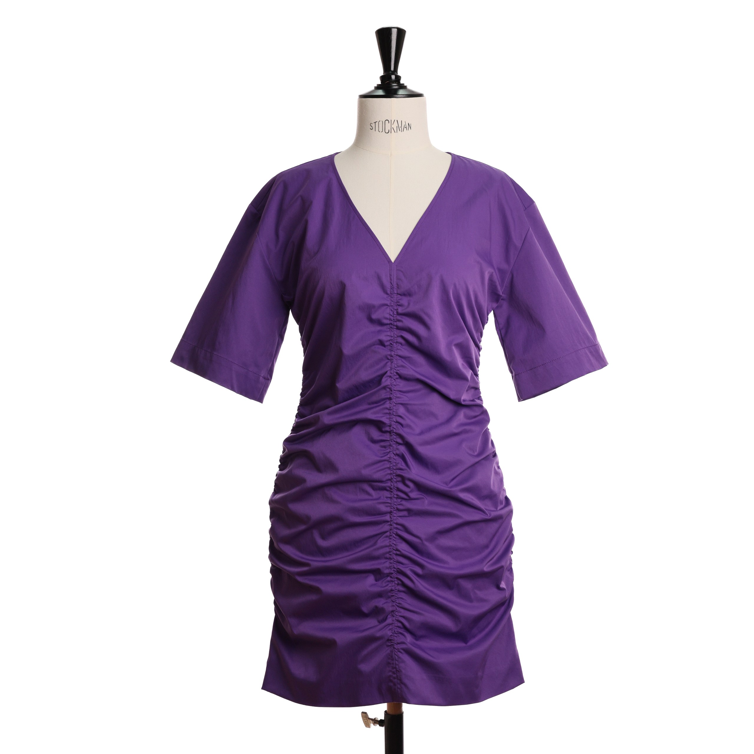 Платье Sandro S сиреневое мини, V-образный вырез, вертикальные сборки по всей длине