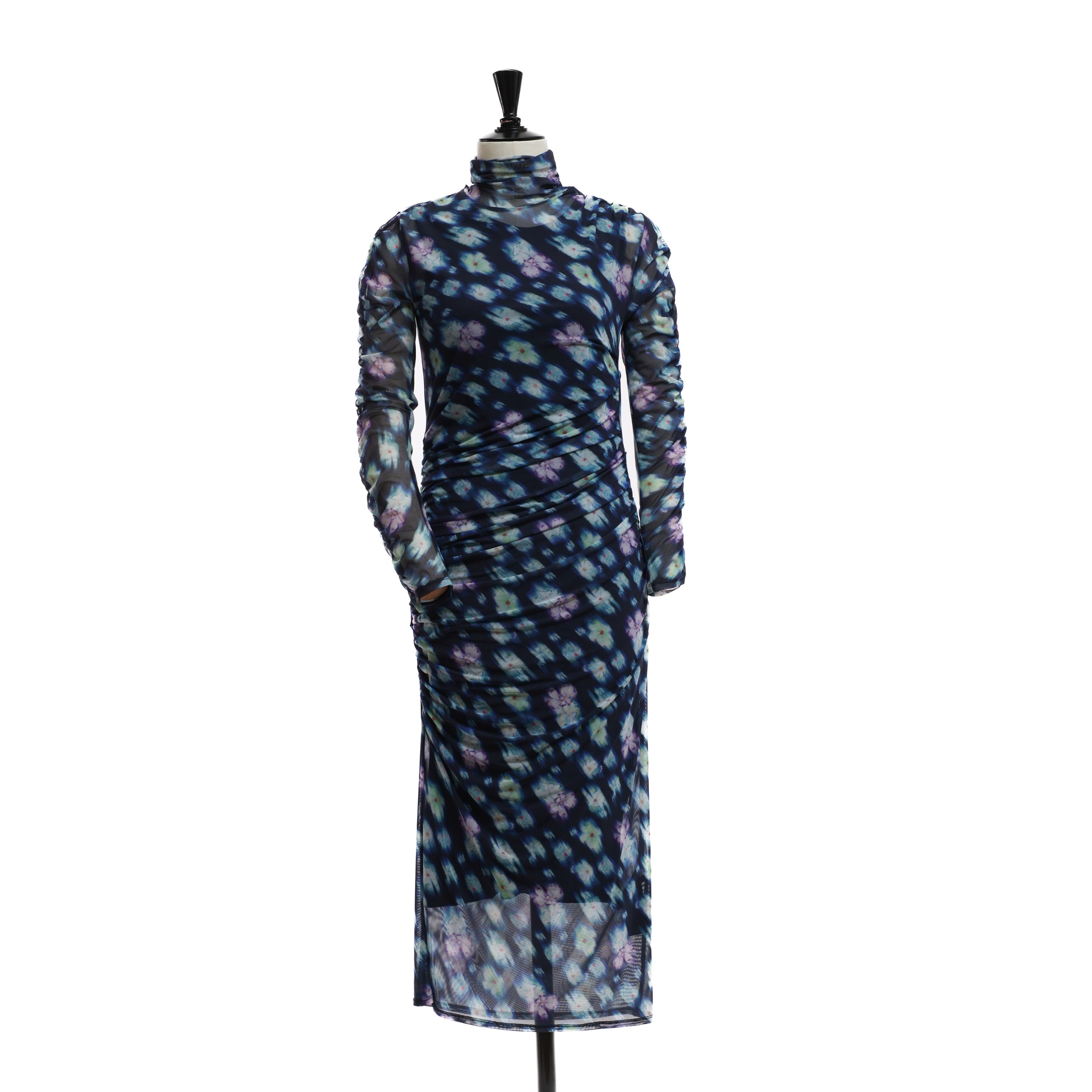 Платье DOROTHEE SCHUMACHER 3 синий сетка до полу,принт цветы фиолетово-зеленые,сборка по бокам