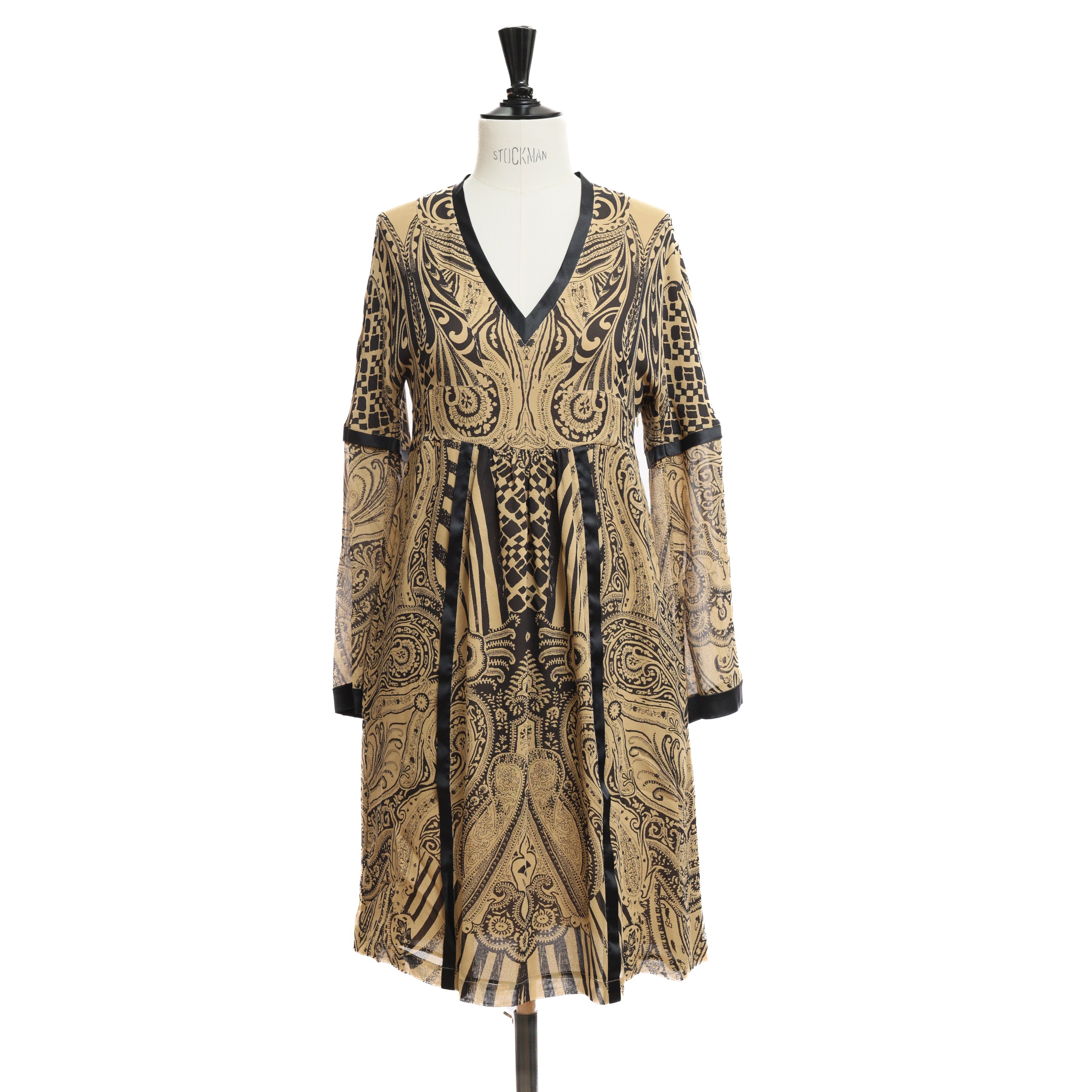 Платье ETRO 42 Коричневый текстиль/сетка черные узор,атласные вставки по краям,V-образный вырез,боковой зиппер