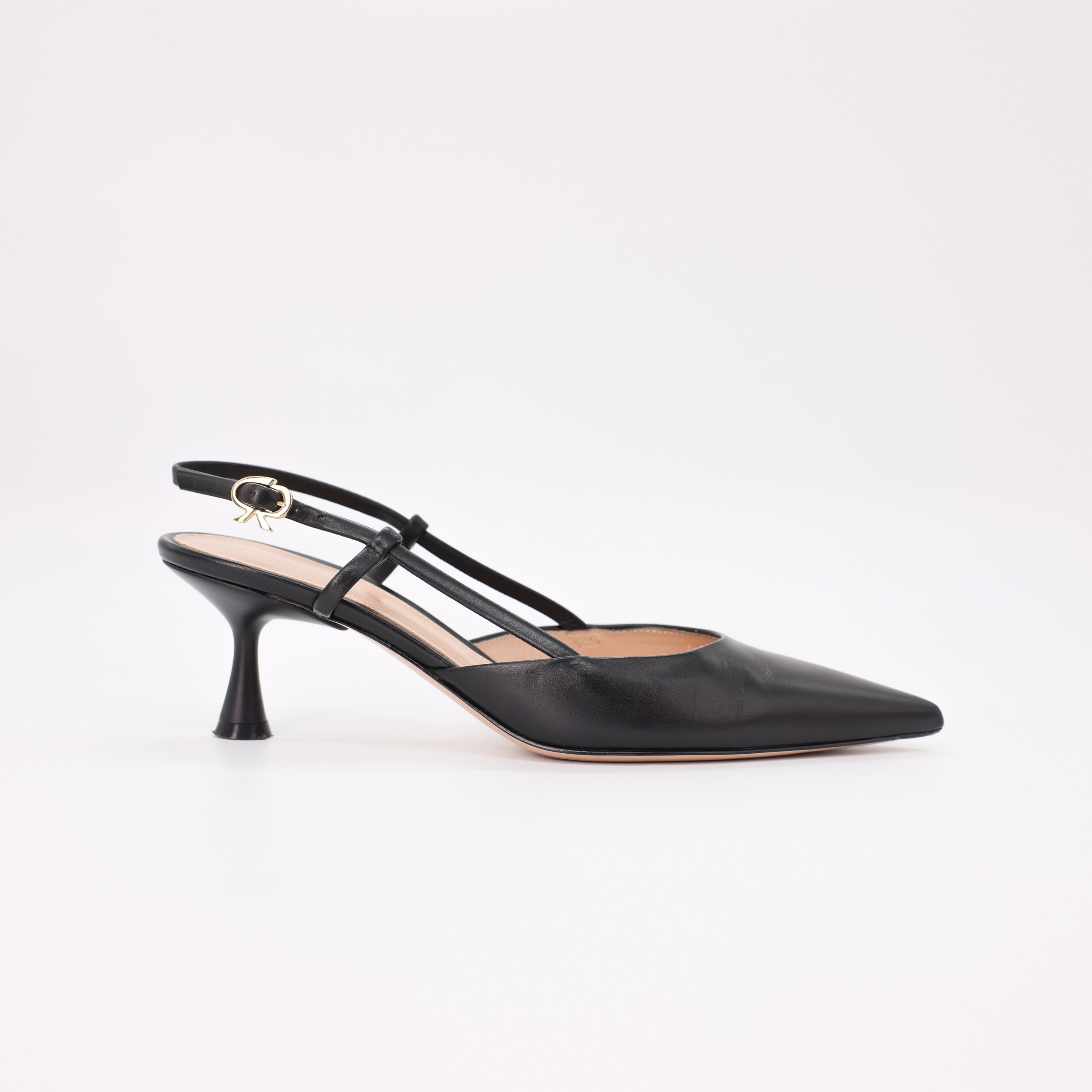 Босоножки GIANVITO ROSSI 37 Черный кожа ремешек по пяточке с золотым замочком,острый носик,6см,пыльник