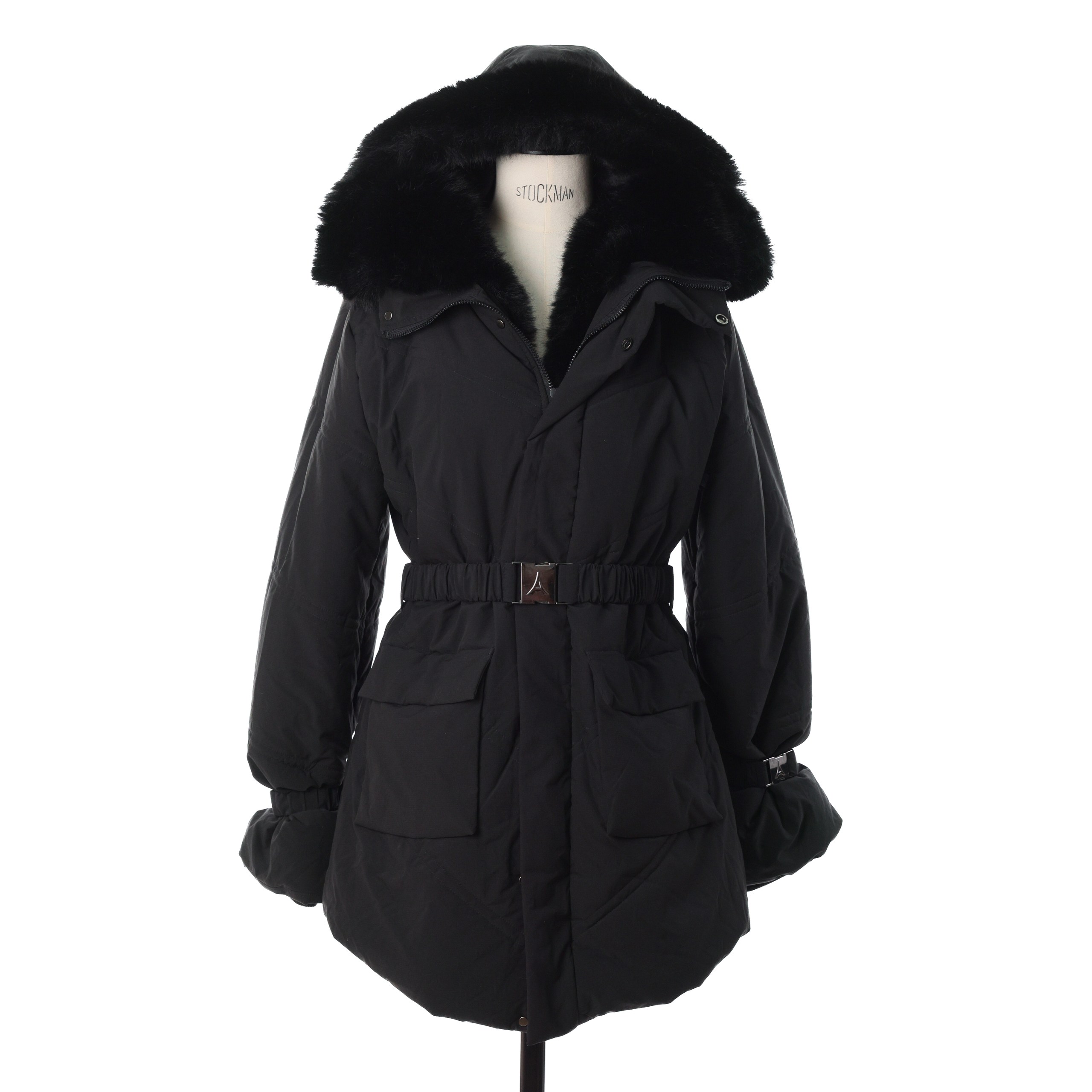 Куртка MANIERE DE VOIR 40 Черный балонь имитация меха капюшон,пояс по талии,зиппер/кнопки