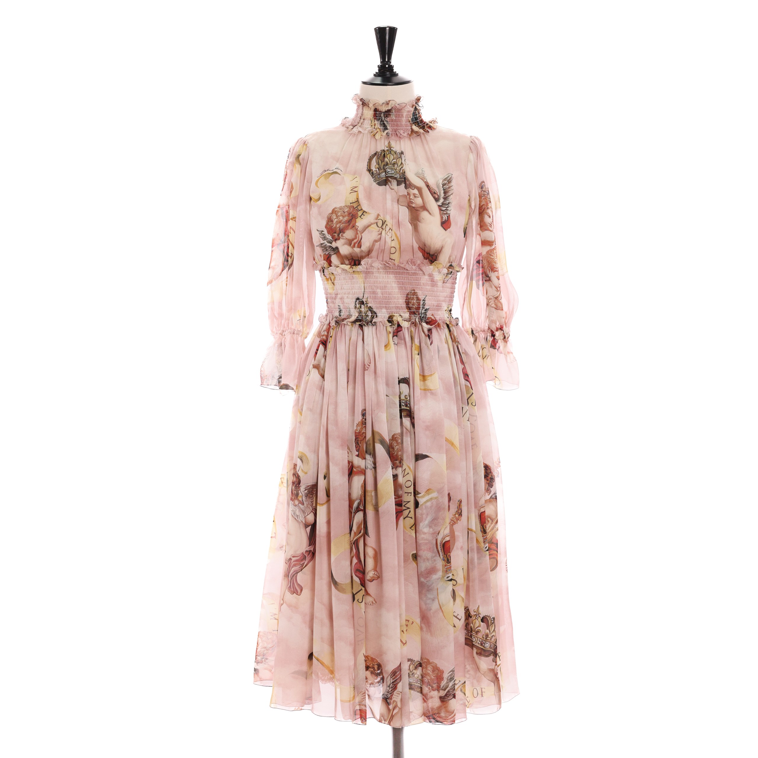 Платье D&G 36 цвета пыльной розы в ангелочках, жатка-резинка на талии по вороту