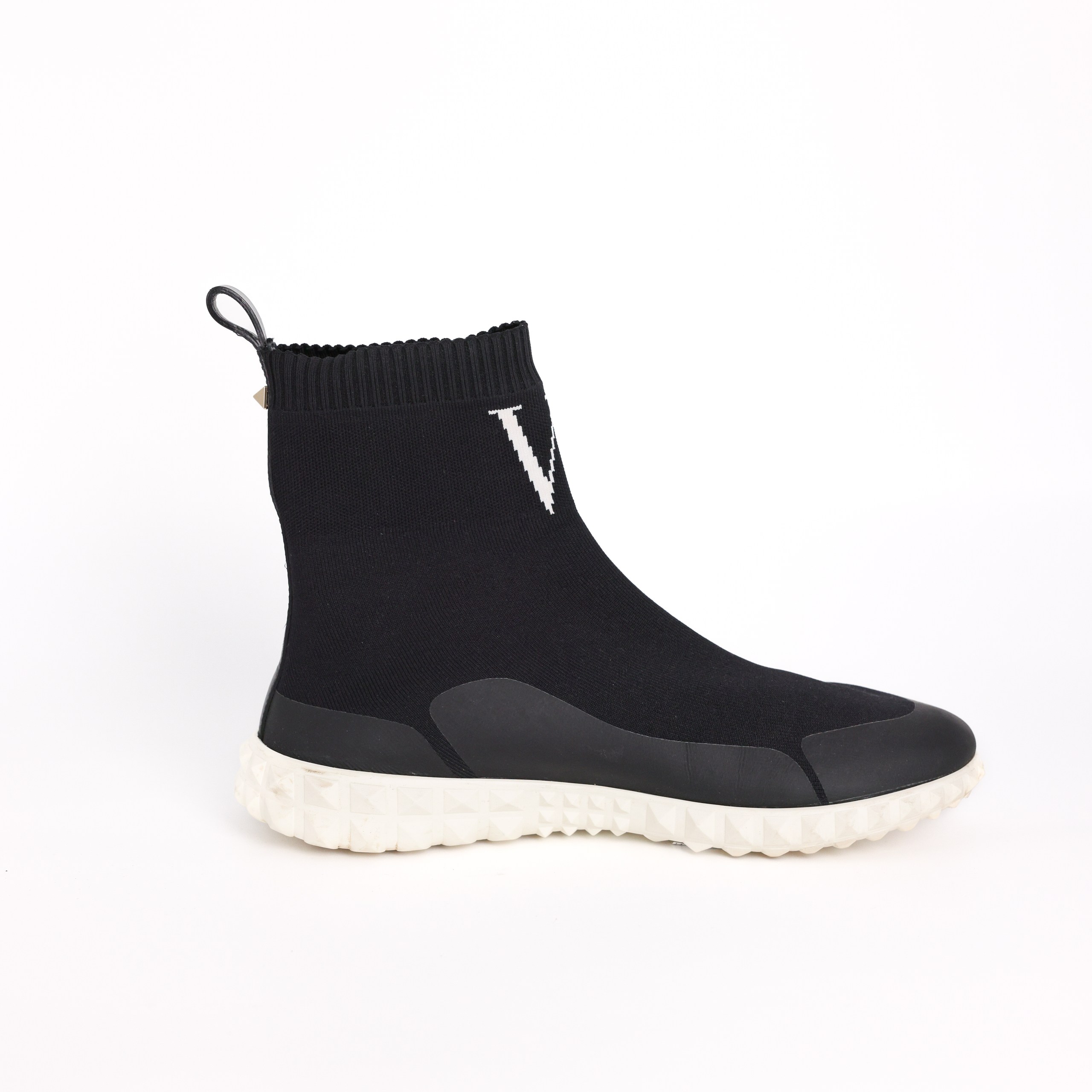 Ботинки-носки Valentino черный текстиль, белым лого, белая подошва. Пыльник