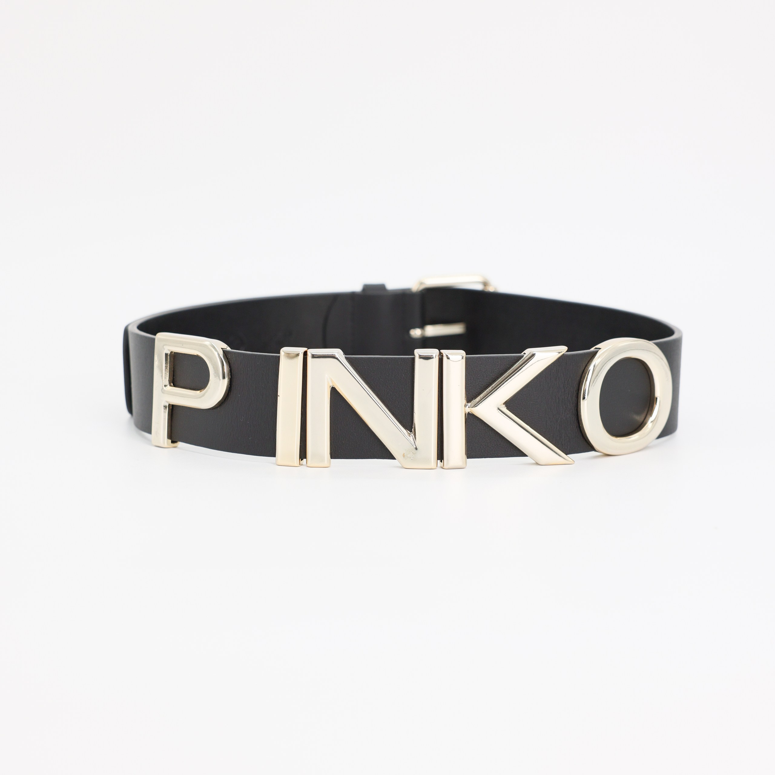 Ремень Pinko XS черная кожа, золото пряжка и слово PINKO. Пыльник