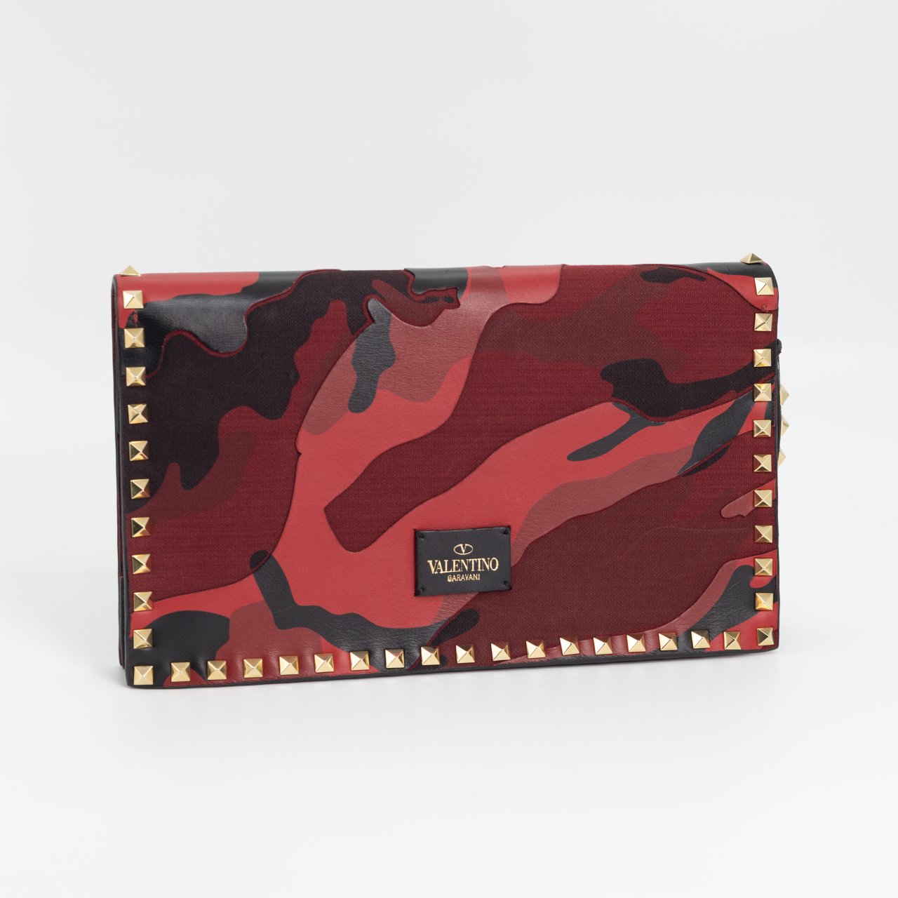 Сумка-клатч Valentino красная кожа/текстиль под милитари, золото стады. Пыльник/