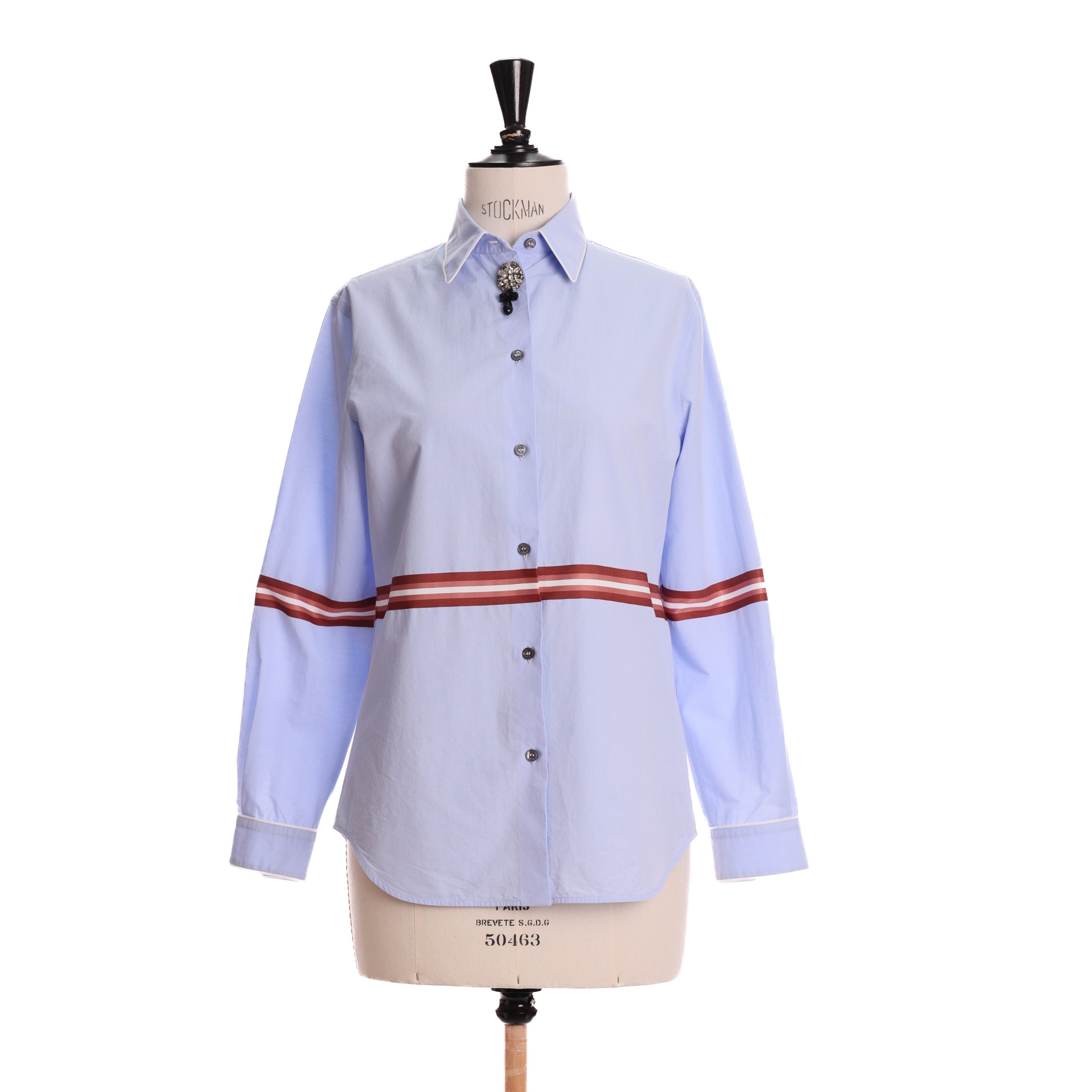 Рубашка №21 38 ГОЛУБОЙ котон брошь с камнями и стразами, коричневый/бежевый/белый полоса