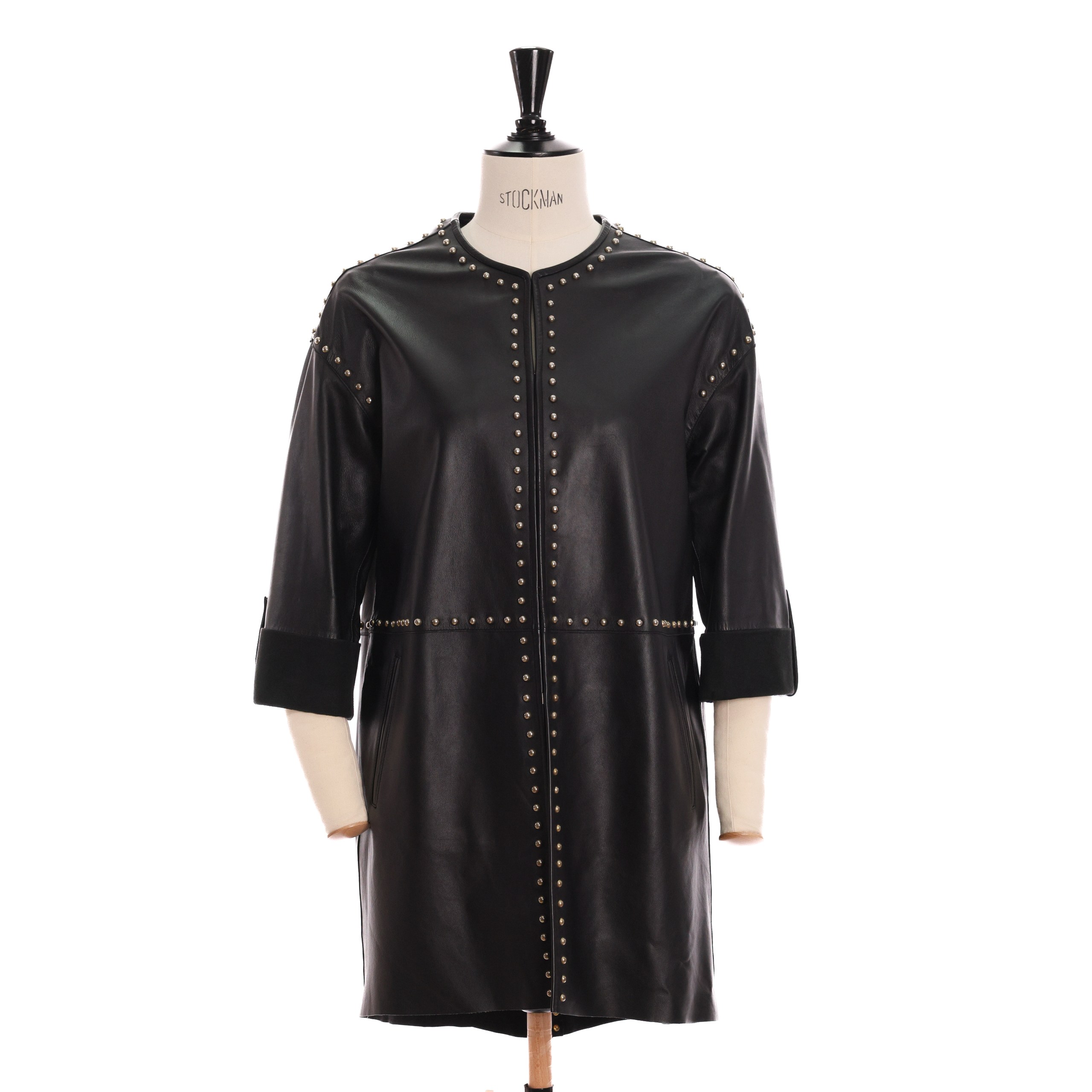 Тренч UTERQUE S Черный кожа без застежек, металические полусферы, манжеты на хлястике