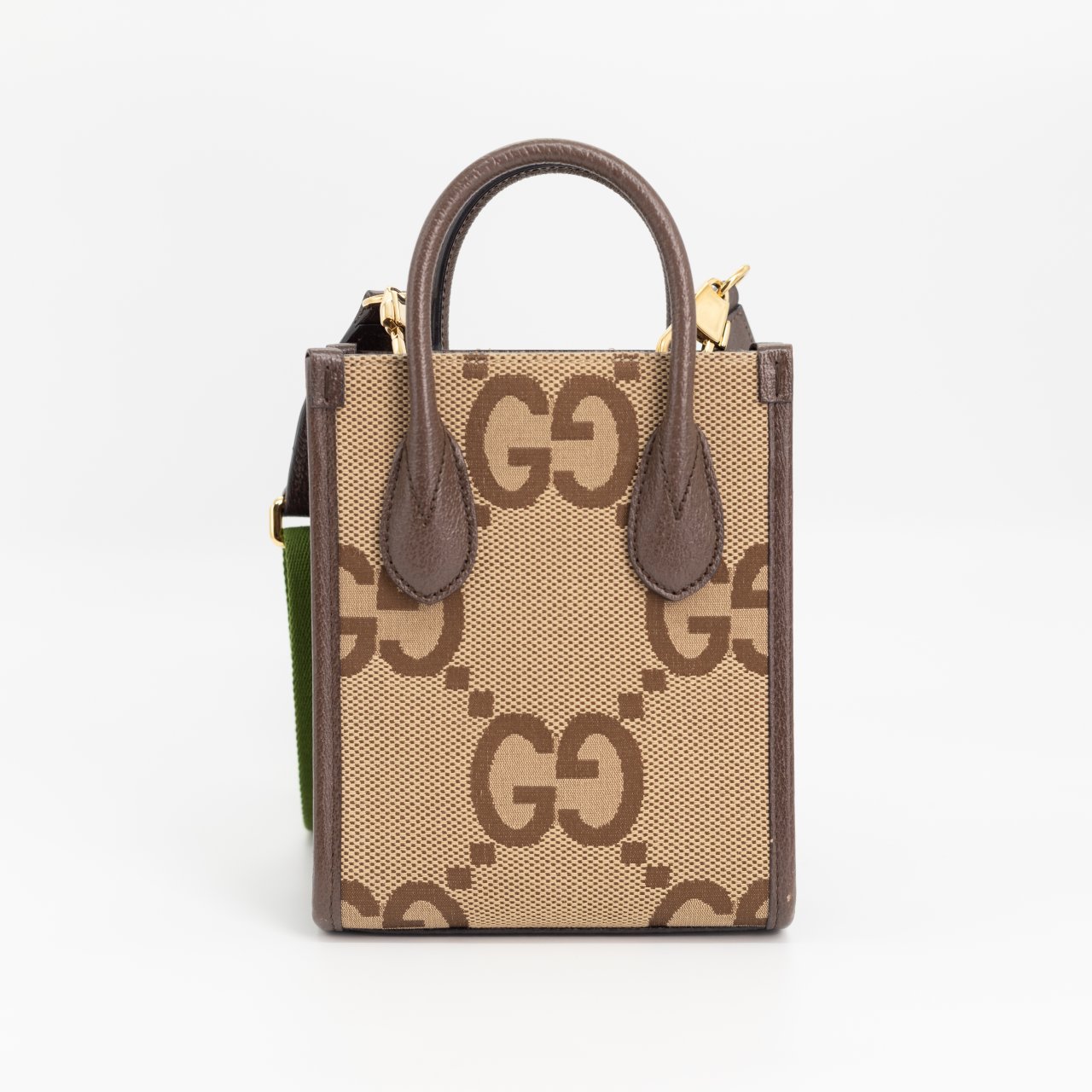 Сумка маленькая GUCCI - монограм текстиль бежевый, коричневая кожа ручки и окантовка. Пыльник