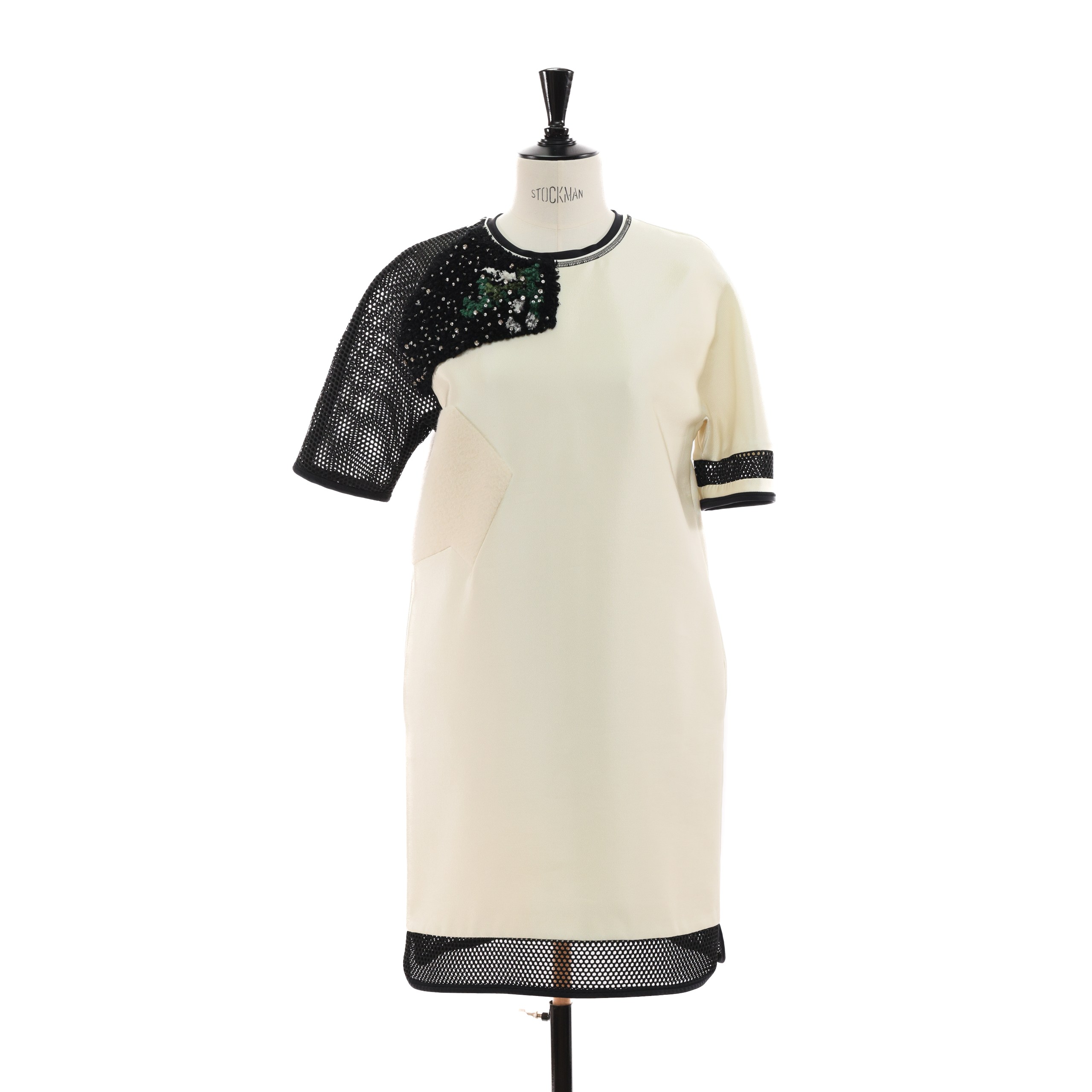 Платье Fendi 42 айвори, вставки черная сетка, мех, апликация пйетки и стразы