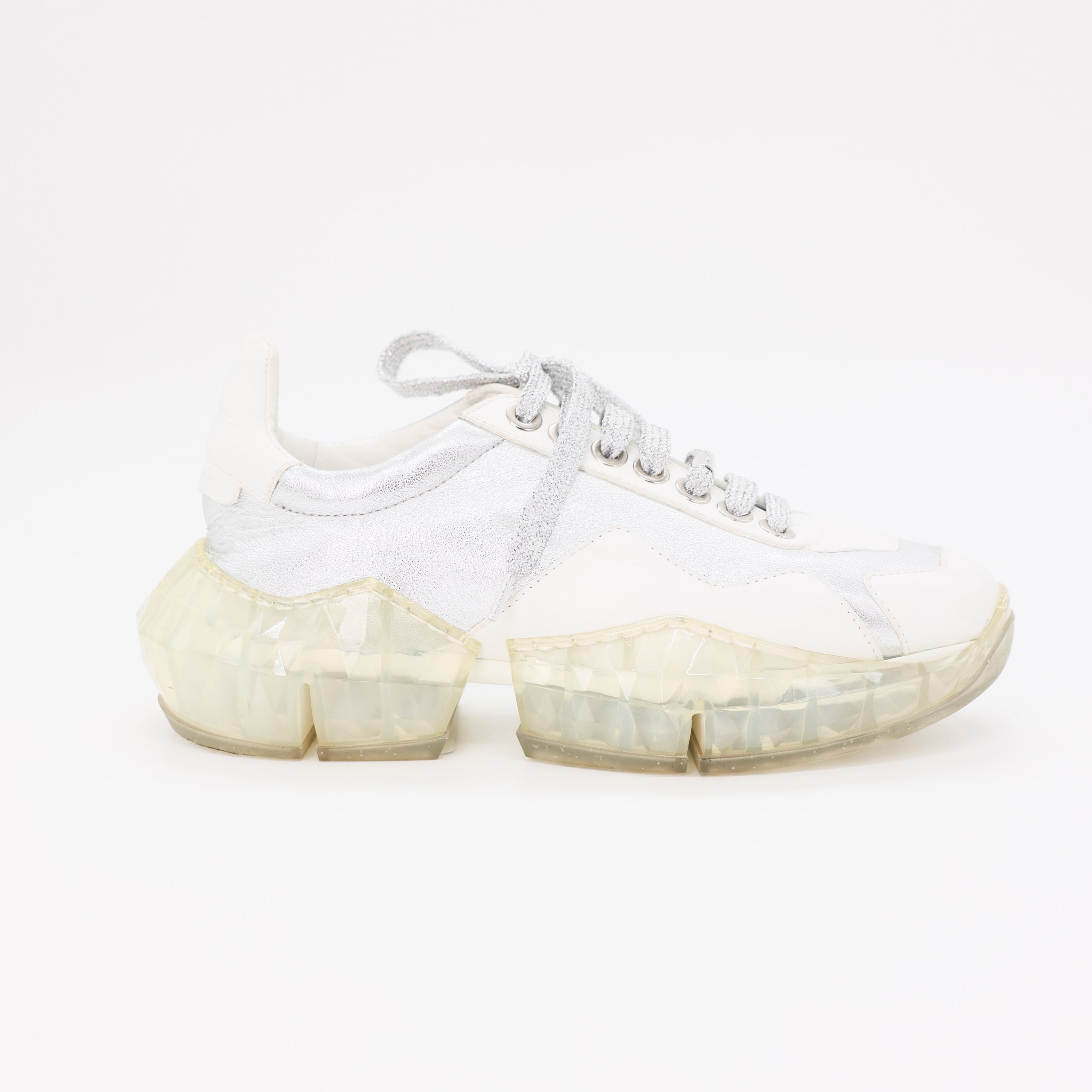 Кроссовки JIMMY CHOO 36,5 Белый кожа серебристые вставки и шнуровка,полупрозрачная подошва