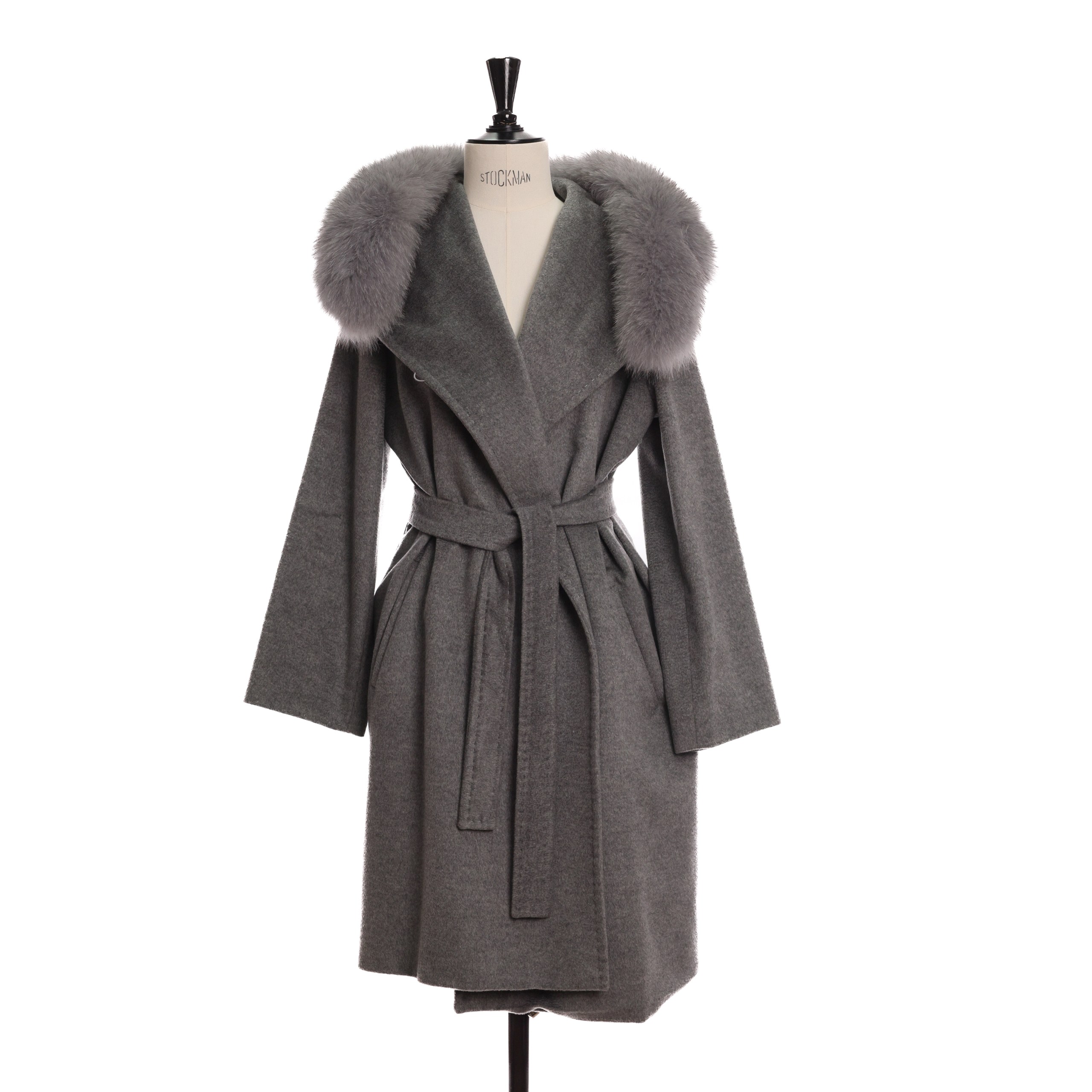 Пальто MAX MARA STUDIO 44 Серый шерсть мех по капюшону,пояс,прорезные карманы