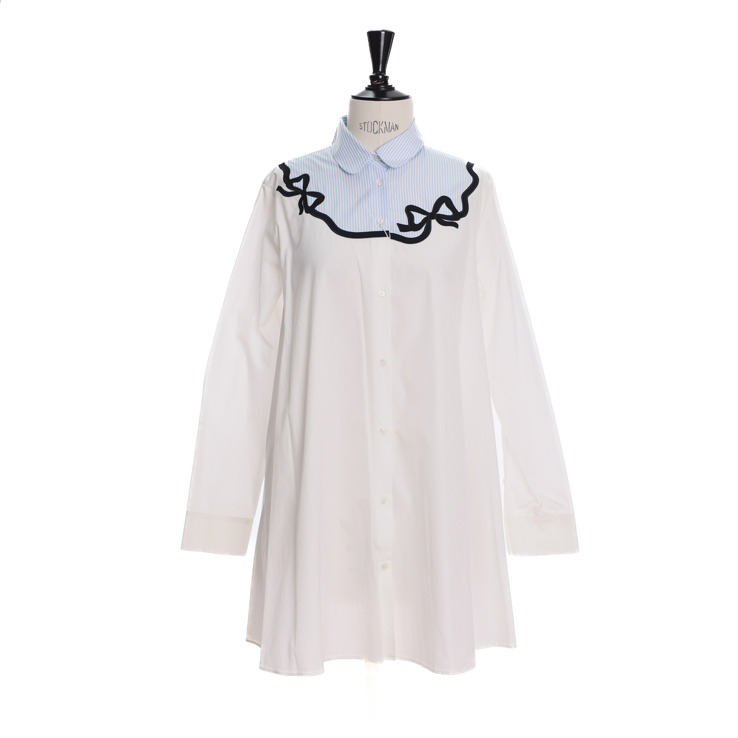 Рубашка MAX MARA 44 Белый котон голубо/белая полоска по верху с принтом черной ленты с бантом