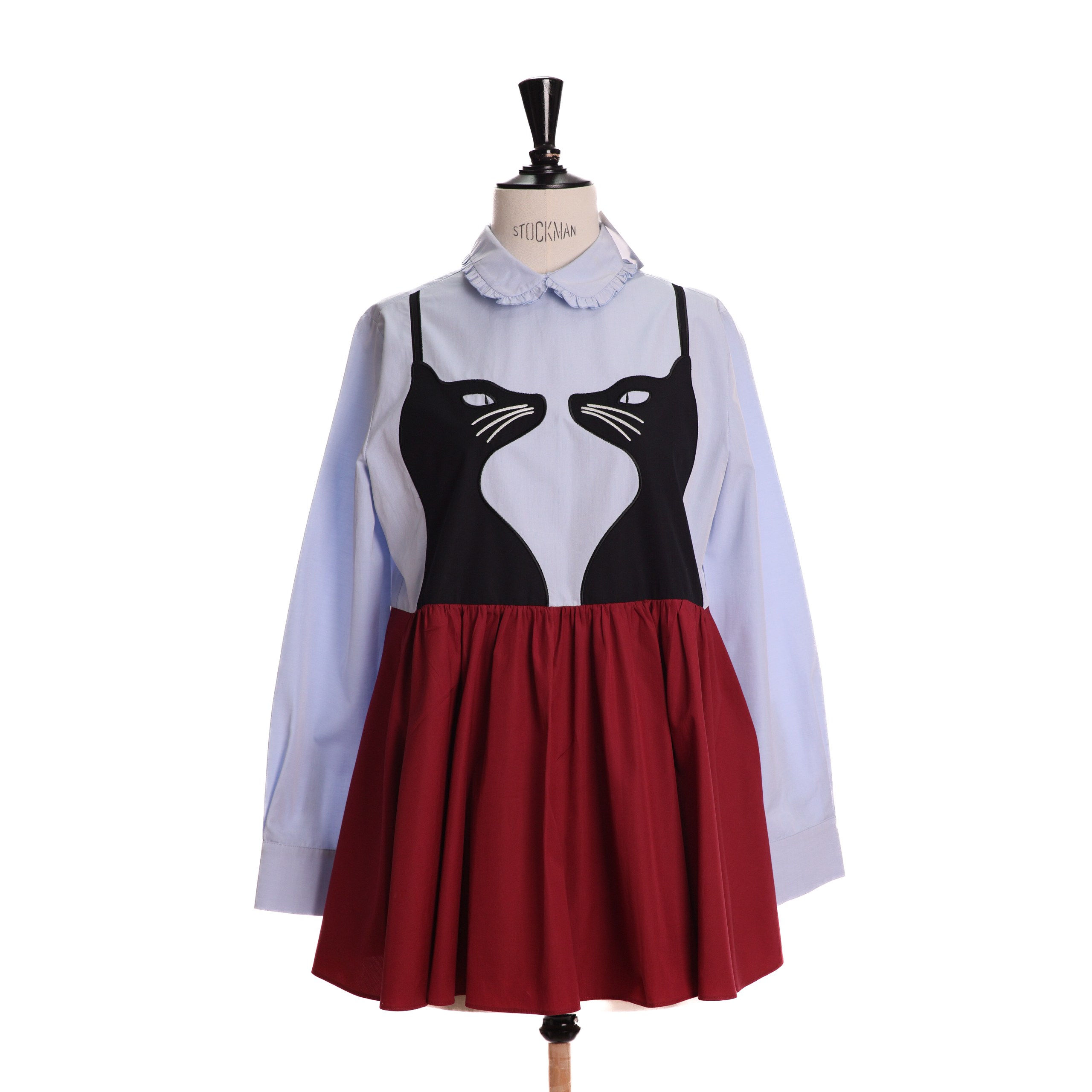 Рубашка MAX MARA S Голубой котон черный принт двух кошечек,руши по вороту,бордовый низ