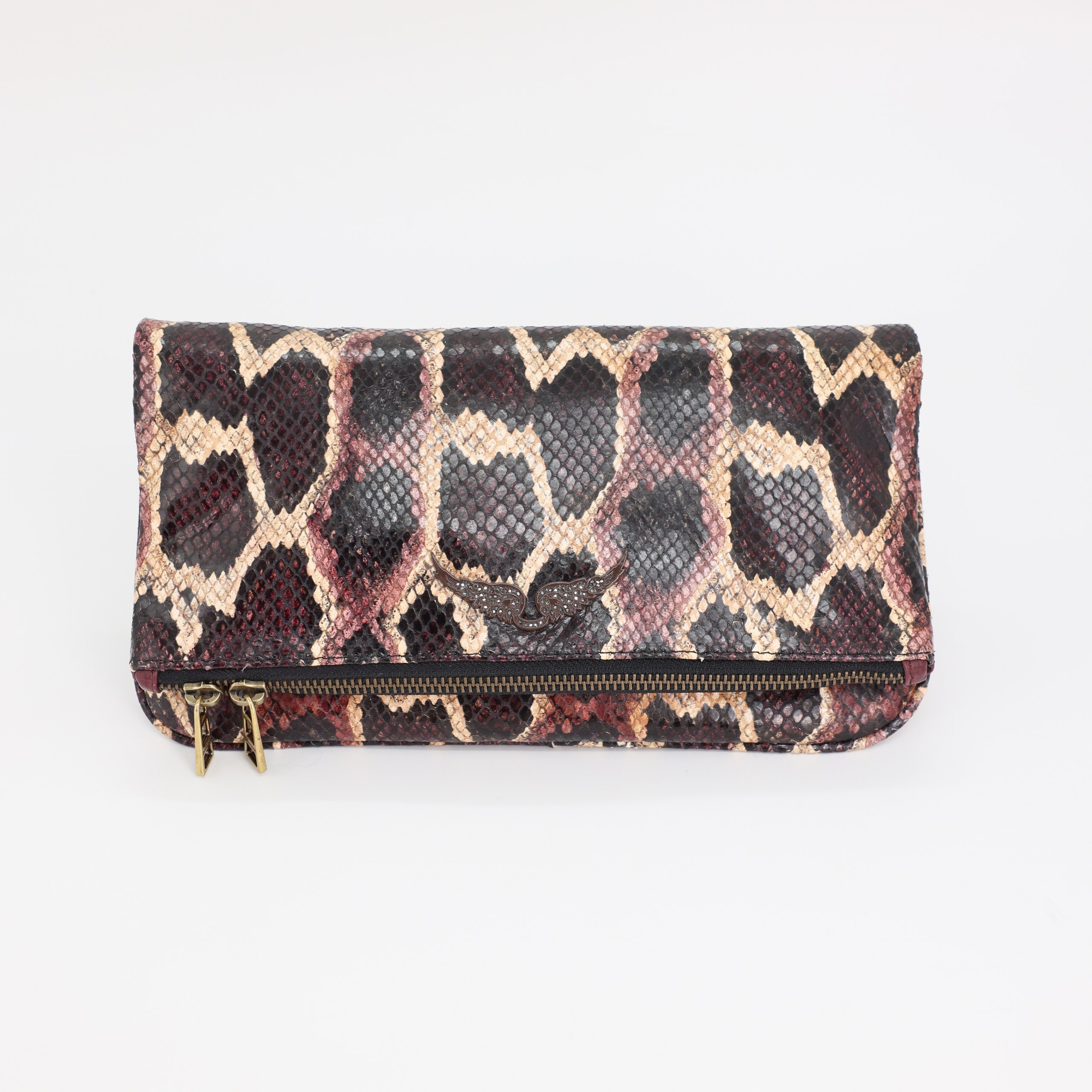Сумка Zadig&Voltaire кожа, тиснение по рептилию, беж/сиреневый/бордо, черненный желтый метал. Пыльник