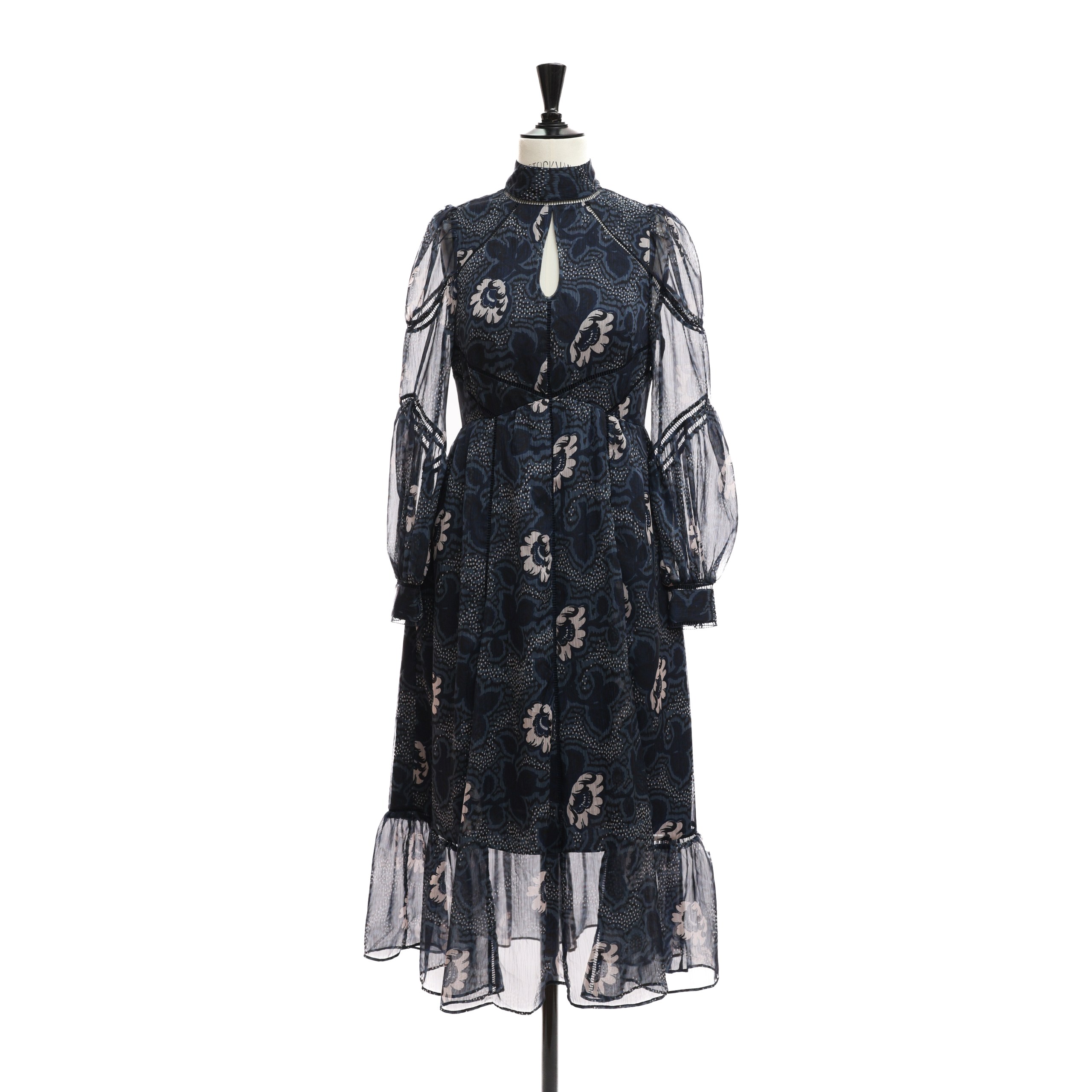 Платье TED BAKER S сине-черный  шифон, флоальный принт, рюша по вороту