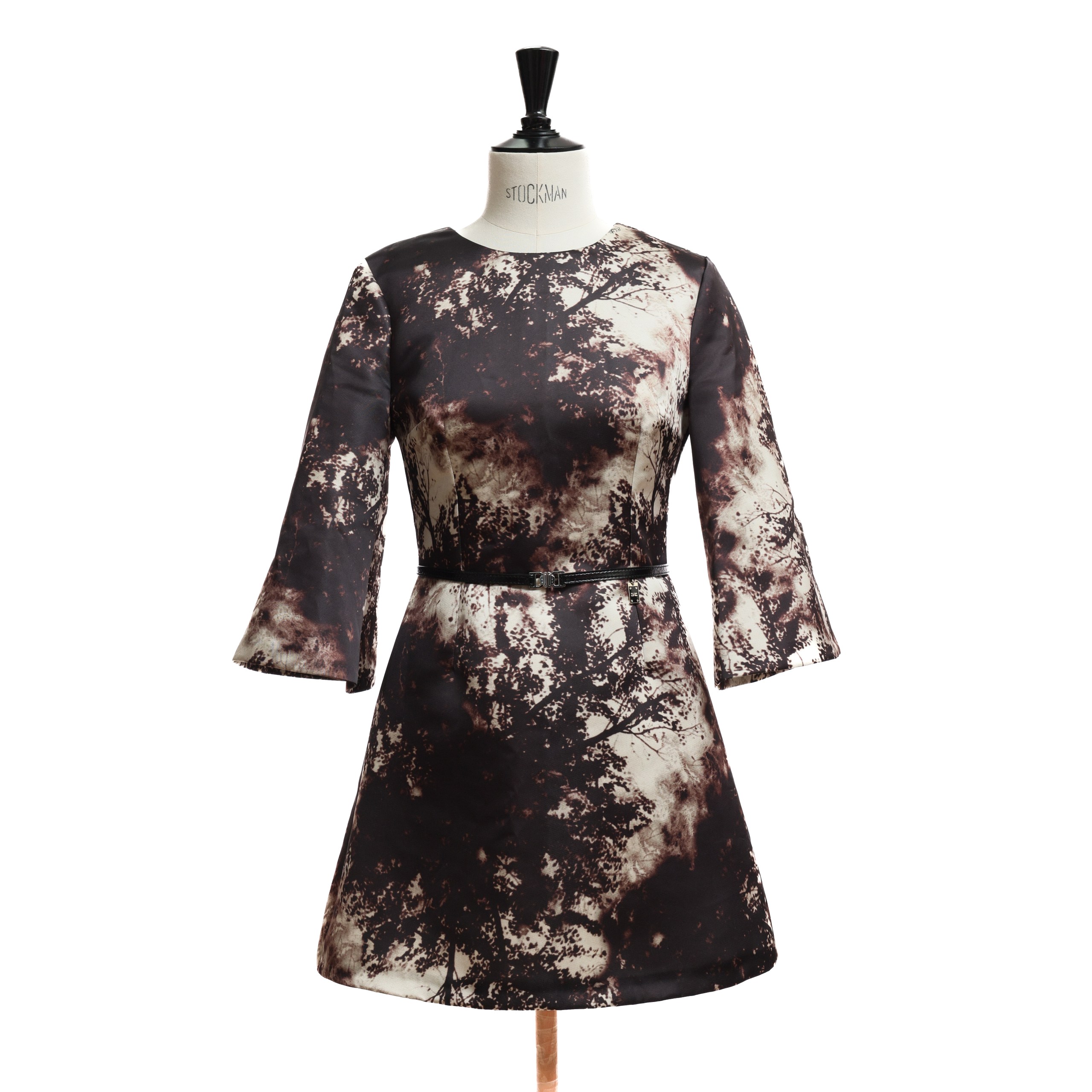 Платье ELISABETTA FRANCHI 42 бежево-черный текстиль принт веток/леса,ремешек по талии