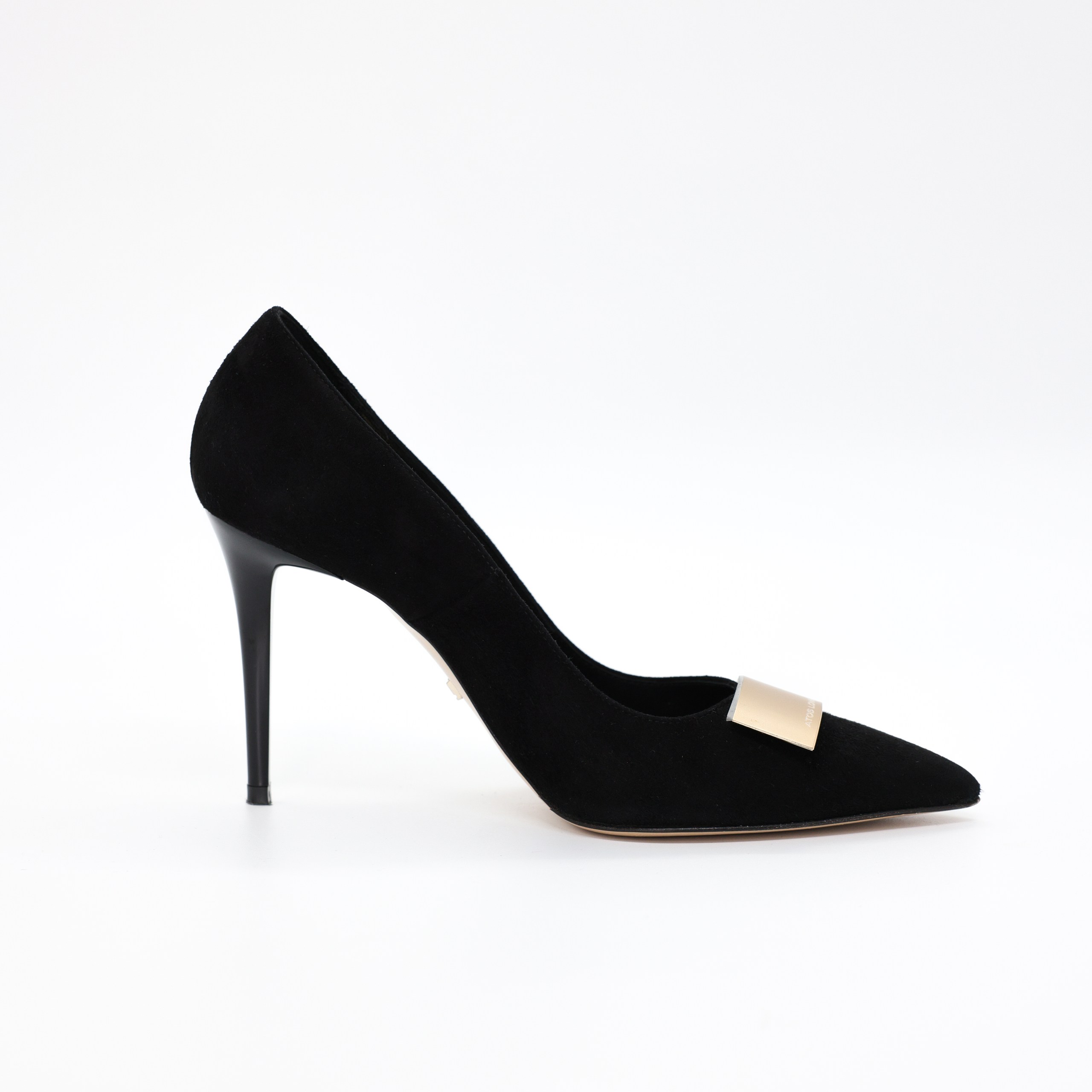 Туфли Atos Lombardini 36 черная замша, золотая плашка с лого. Коробка