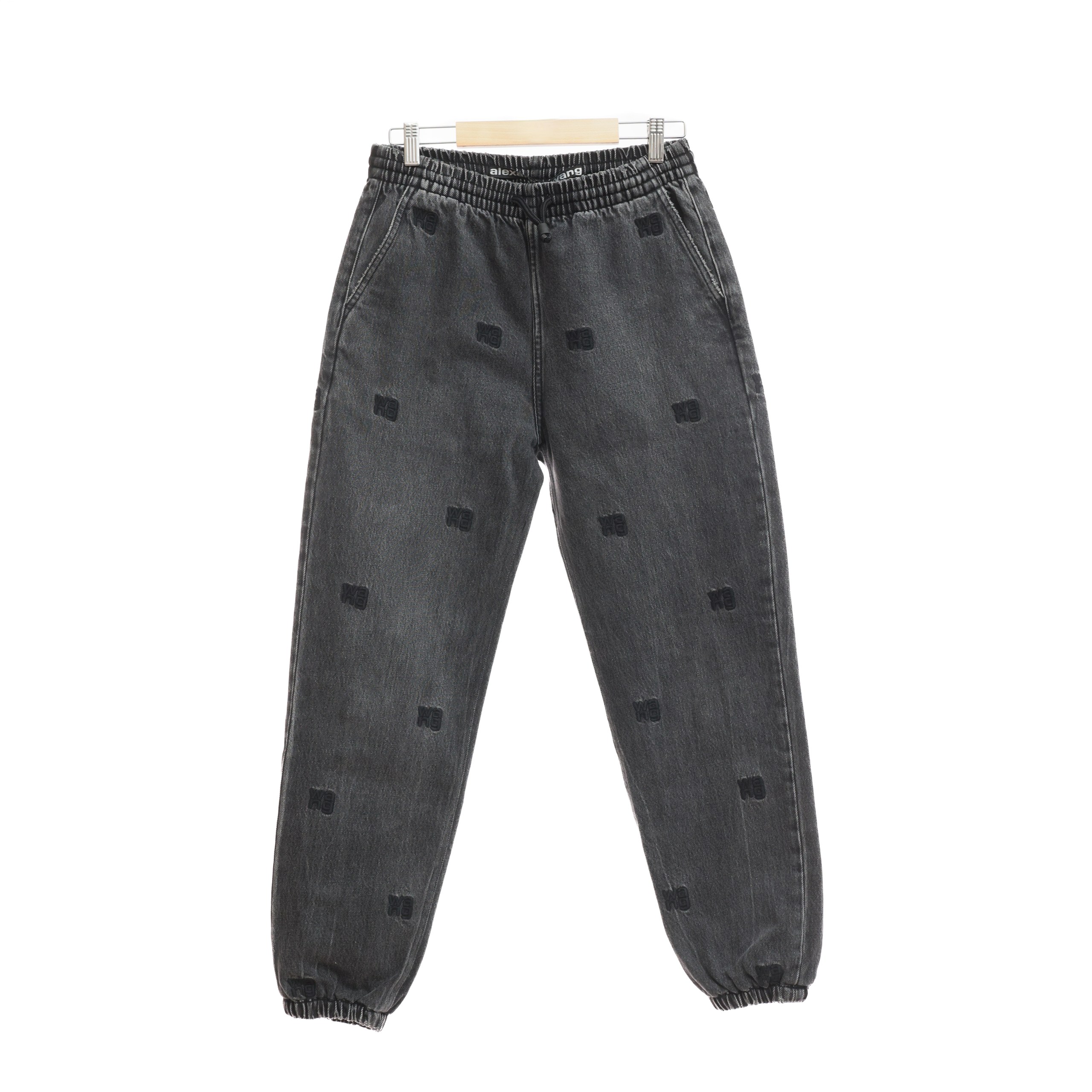 Брюки на кулиске ALEXANDER WANG S Серый деним принт лого по брючкам,прорезной карман сзади