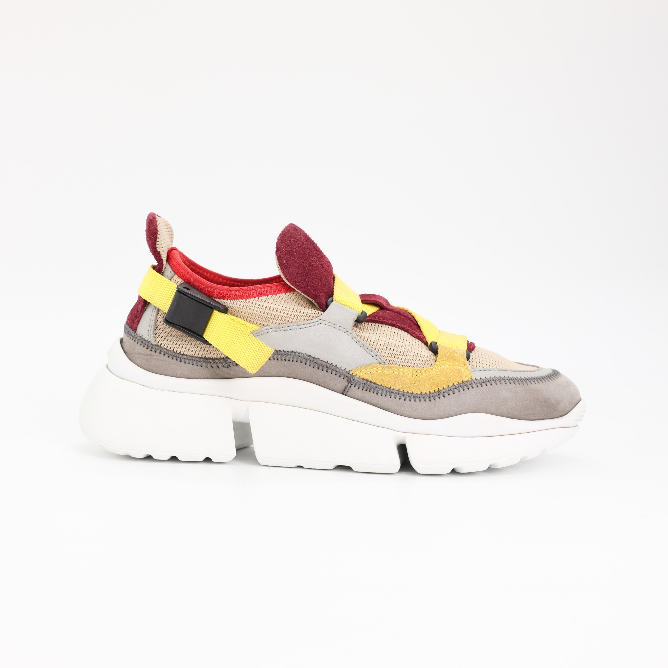 Кроссовки Chloe 35 бежевая сетка, бордовая замша, желтая репсовая лента, серый нубук