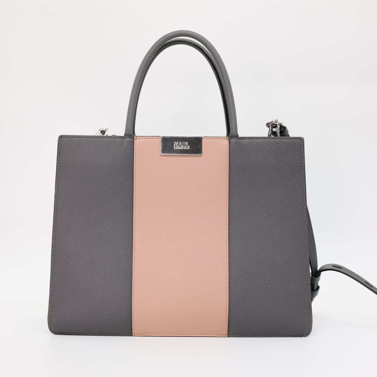 Сумка L KARL LAGERFELD LARGE серый кожа пудро-розовая вставка по середине,два отделения,металическая фурнитура,длинный ремешек