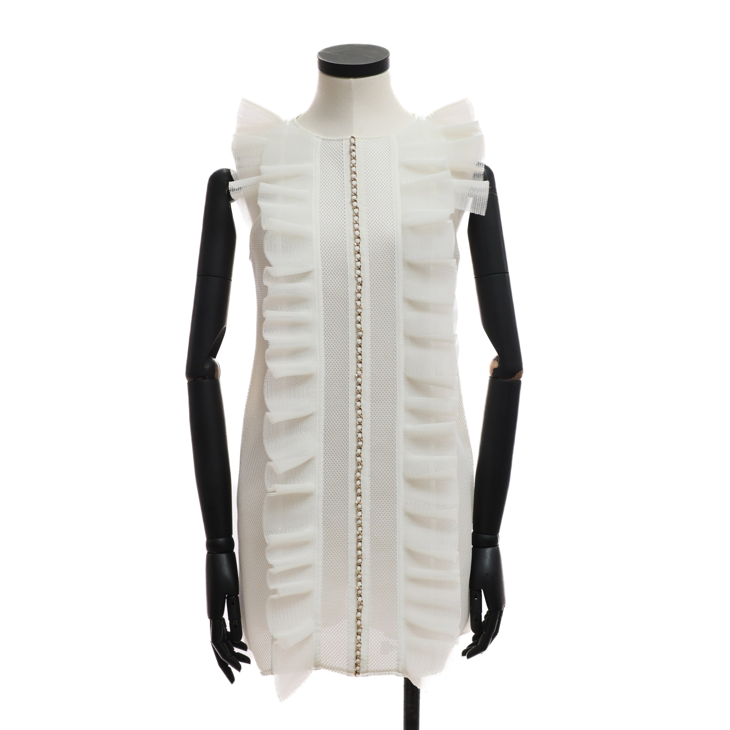 Платье EF 44 белый неопрен сеткой, золотая цепь, воланы сетка