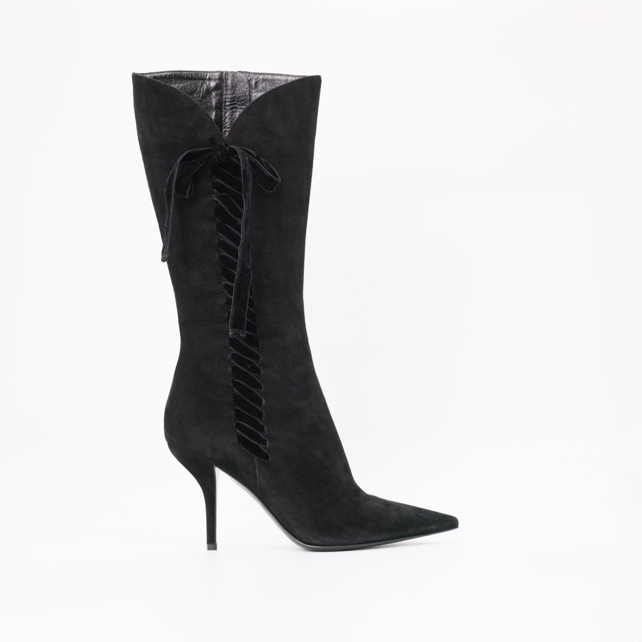 Сапоги SERGIO ROSSI 37,5 Черный замша боковое плетение с бархатным бантом,внутренний зиппер,острый нос,9см каблук